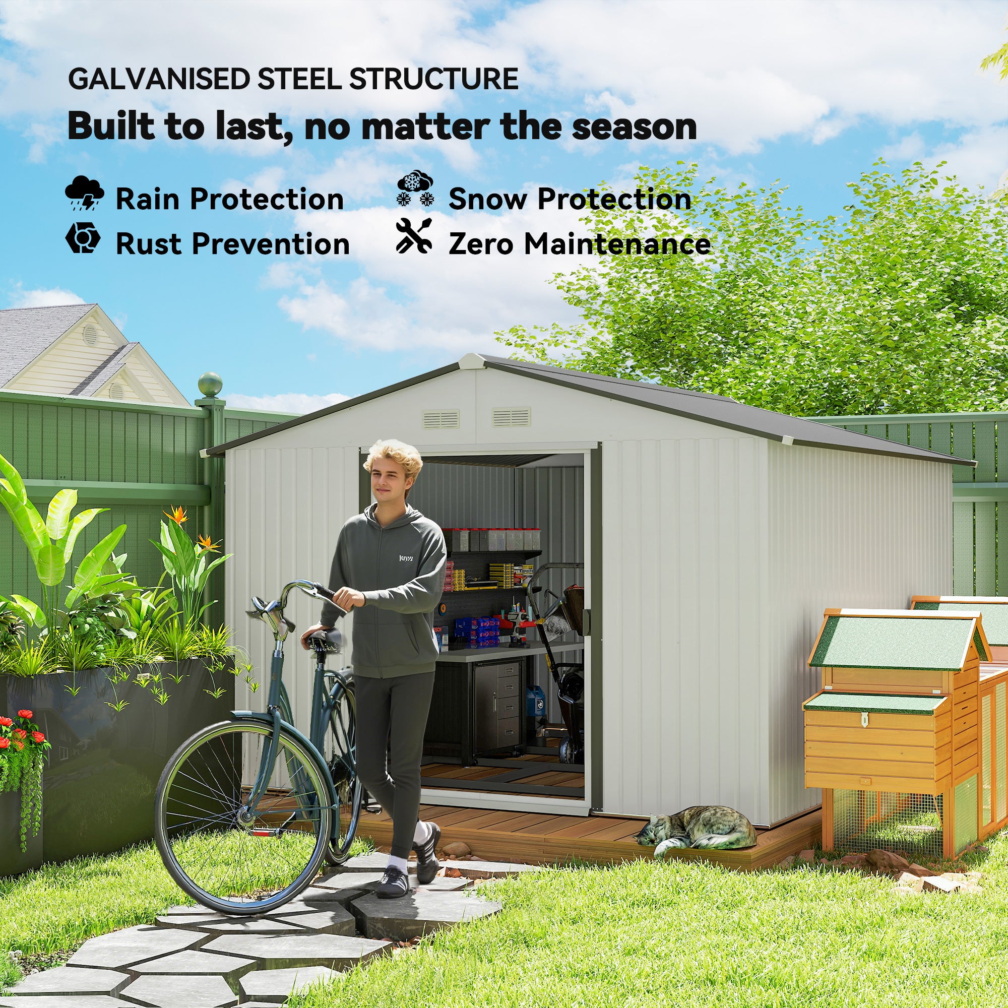 11' x 9' Metal Storage Shed Garden Tool House with Double Sliding Doors, 4 Air Vents for Backyard, Patio, Silver - Silver - Image 4