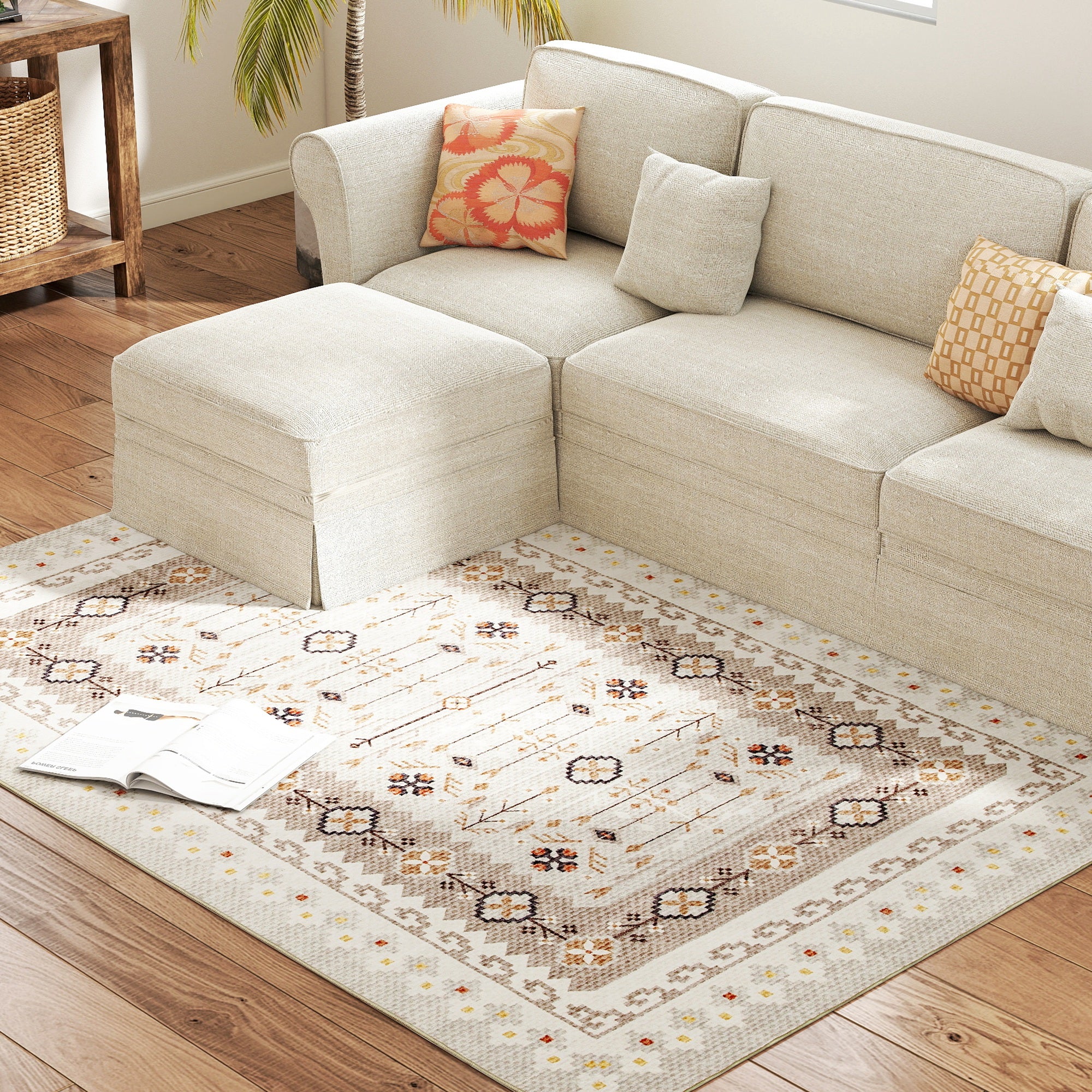 Machine Washable Area Rug 4x6, Non-Slip Boho Flannel Print Floor Carpet for Living Room, Bedroom, Dining Room, Brown