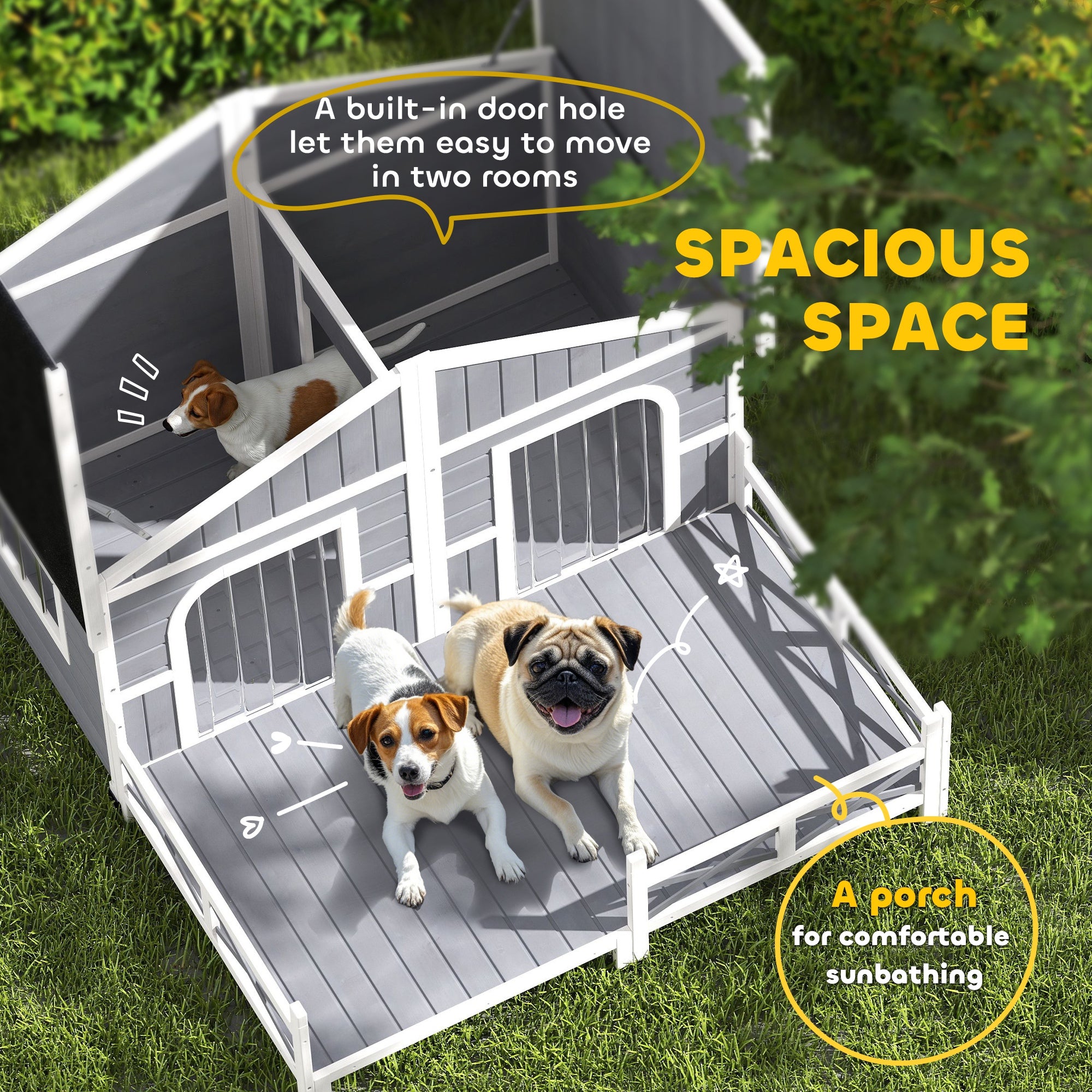 Dog House Outdoor, Wooden Dog Kennel Weatherproof with Porch, Openable Roof, Removable Bottom, Elevated Floor, Double Room for 2 Small to Medium Breeds, Gray - Grey - Image 4