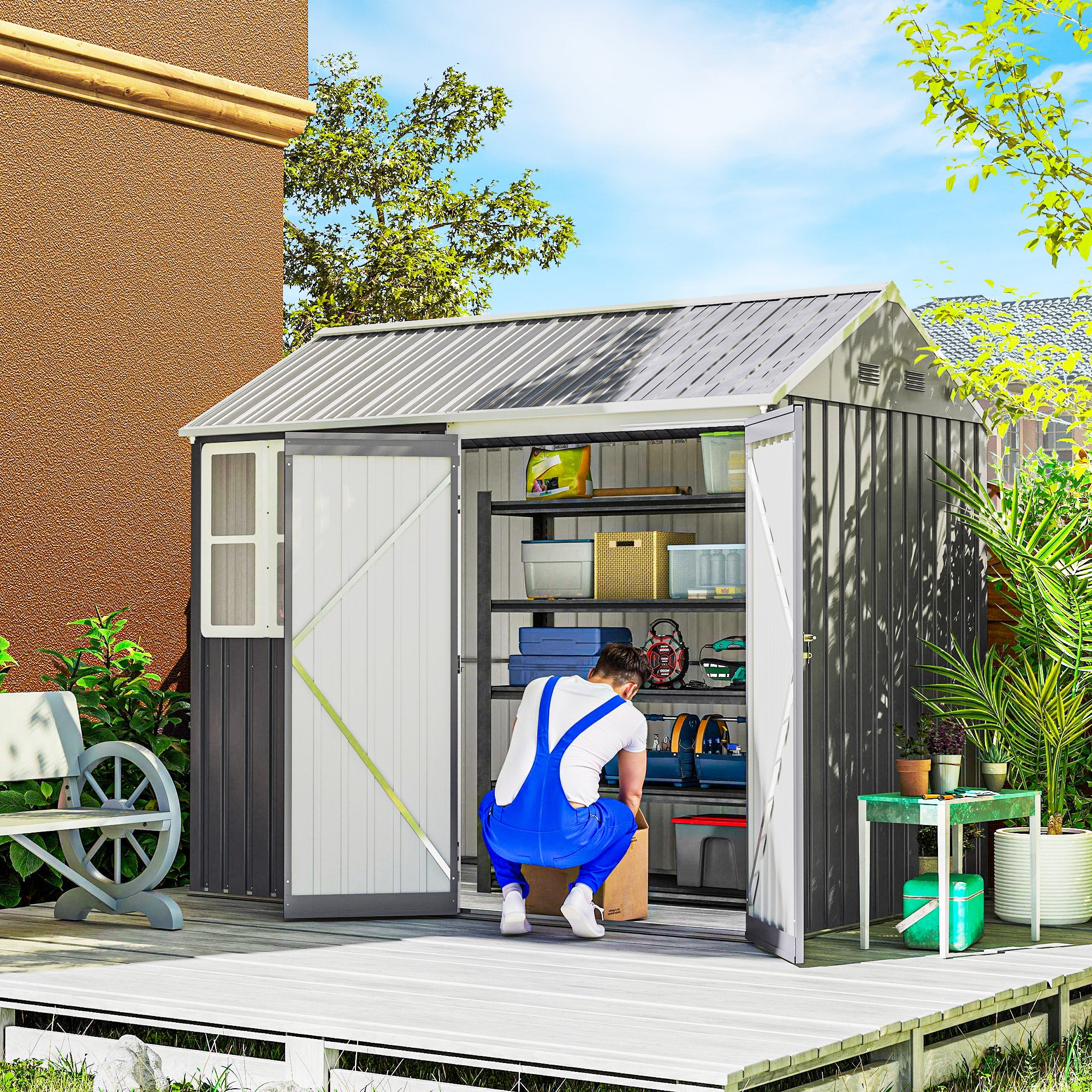 8' x 5.5' Metal Garden Storage Shed, Extra Large Outdoor Tool Storage House w/Lockable Doors, Window, Air Vents, Gray - Gray - Image 2