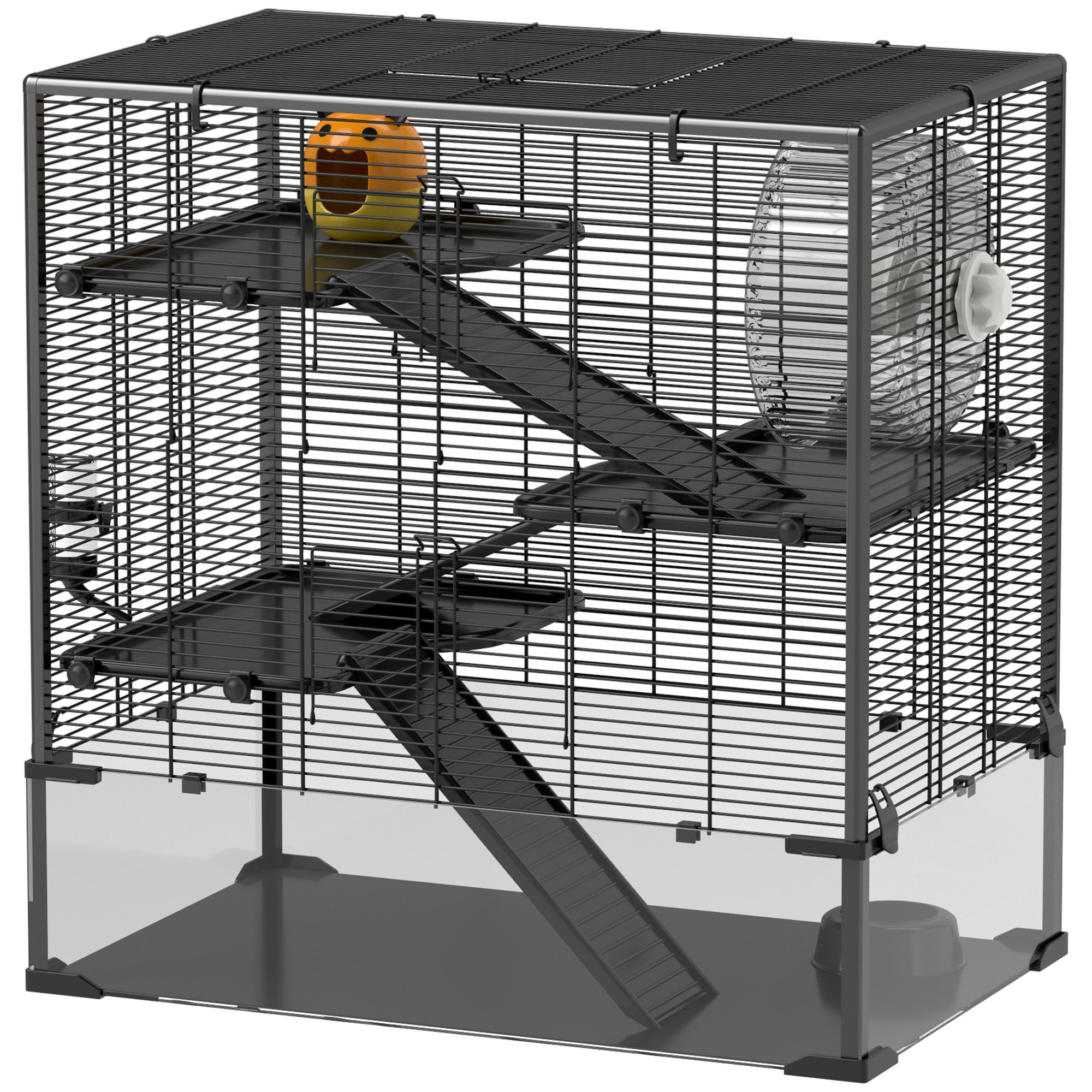 4 Tier Hamster Cage with Deep Tempered Glass Bottom, Running Wheel, Hut, Water Bottle, Food Dish, 31" x 19" x 31.5" - Black