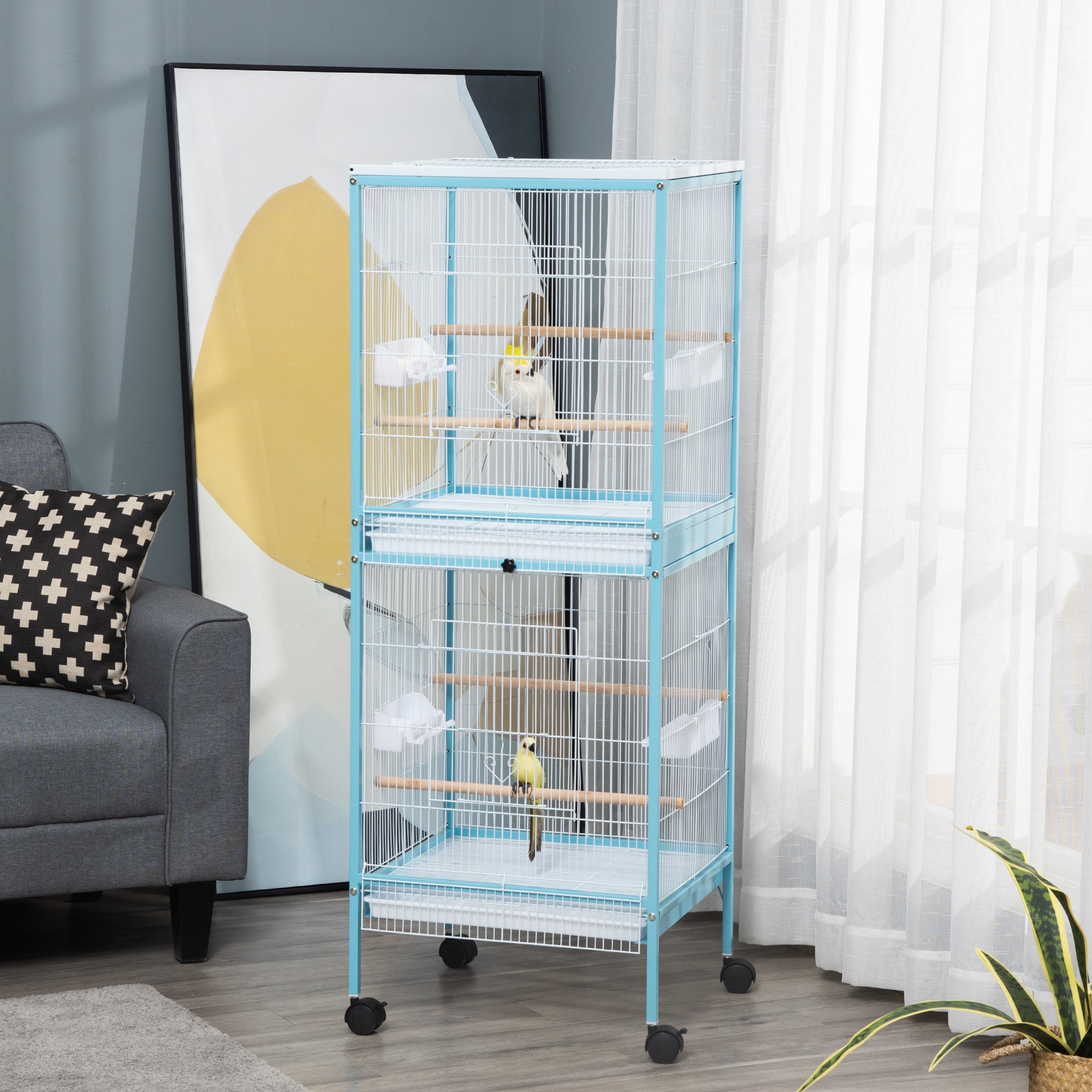 55" 2 In 1 Bird Cage Aviary Parakeet House for finches, budgies with Wheels, Light Blue - Light Blue - Image 2