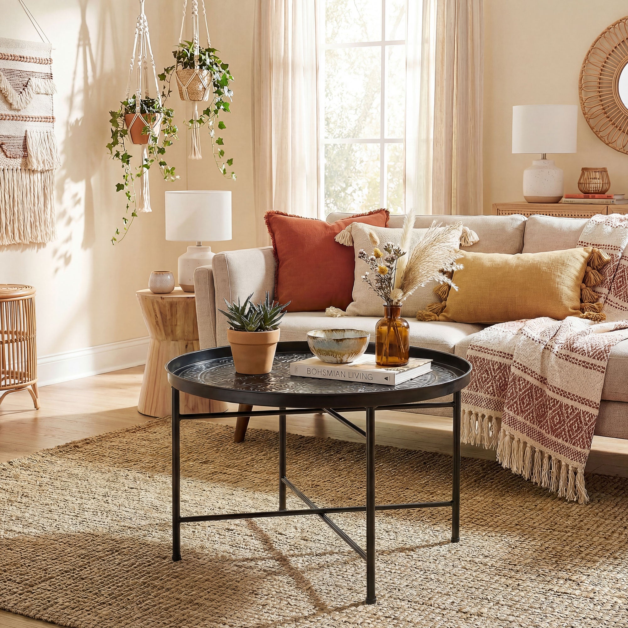 Coffee Table for Living Room, 24" Round Center Table with Hammered Tray Top and Metal Frame for Bedroom, Black