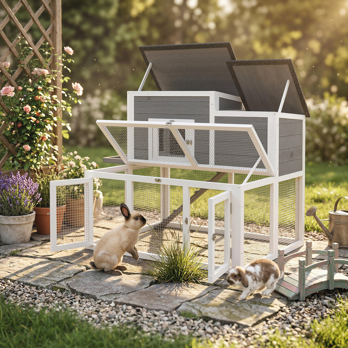 Wooden Rabbit Hutch, 2-Story Bunny Cage with Run, Waterproof & Openable Roof, Pull Out Tray and Ramp for 1-2 Rabbits