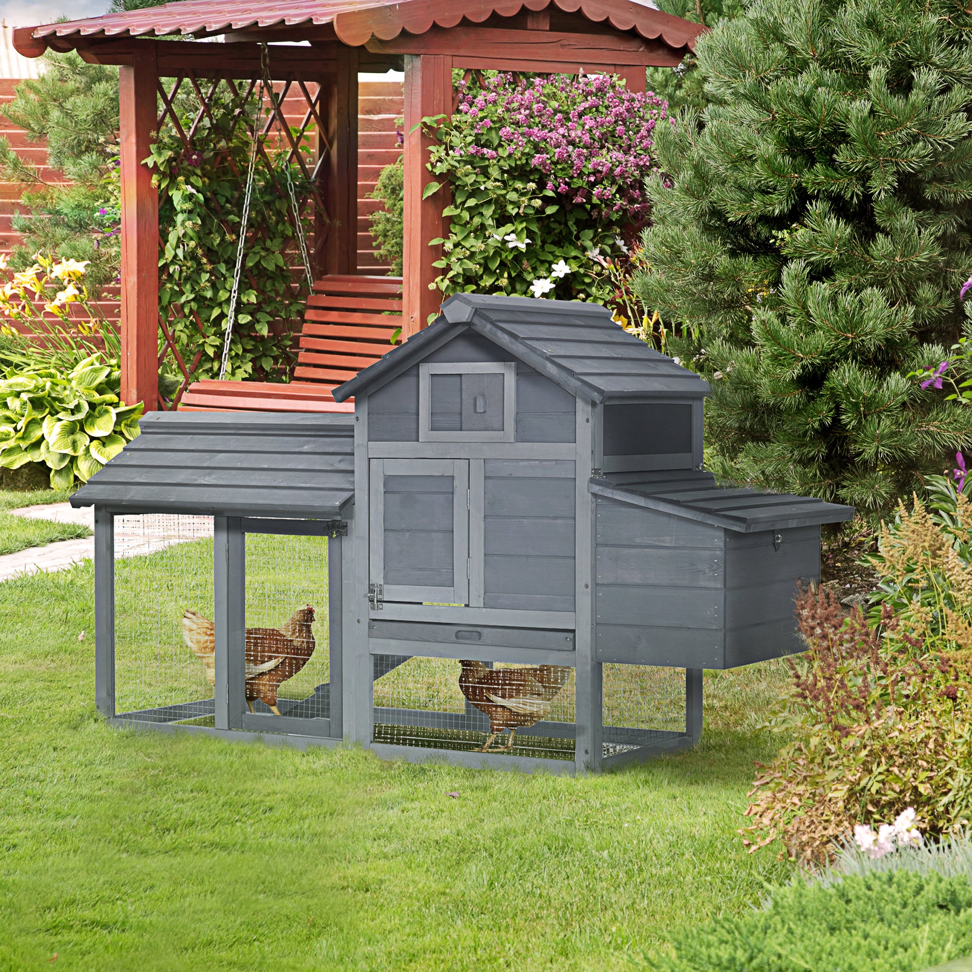 59" Small Wooden Chicken coop Hen House Poultry Cage for Outdoor Backyard with 2 Doors, Nesting Box and Removable Tray, Gray - Grey - Image 8