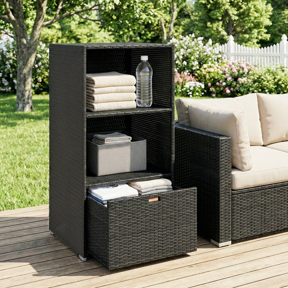 Valet Pool Towel Rack, Water-Resistant PE Plastic Rattan Wicker Storage Organizer, 2 Shelves, 1 Basket Drawer