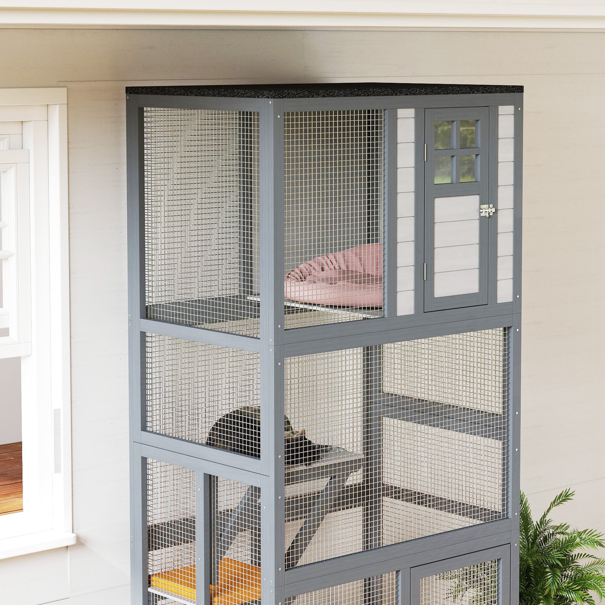 74" Wooden Outdoor Cat House Catio with High Weight Capacity, Cat Cage Condo, Dark Gray - Light Gray - Image 8