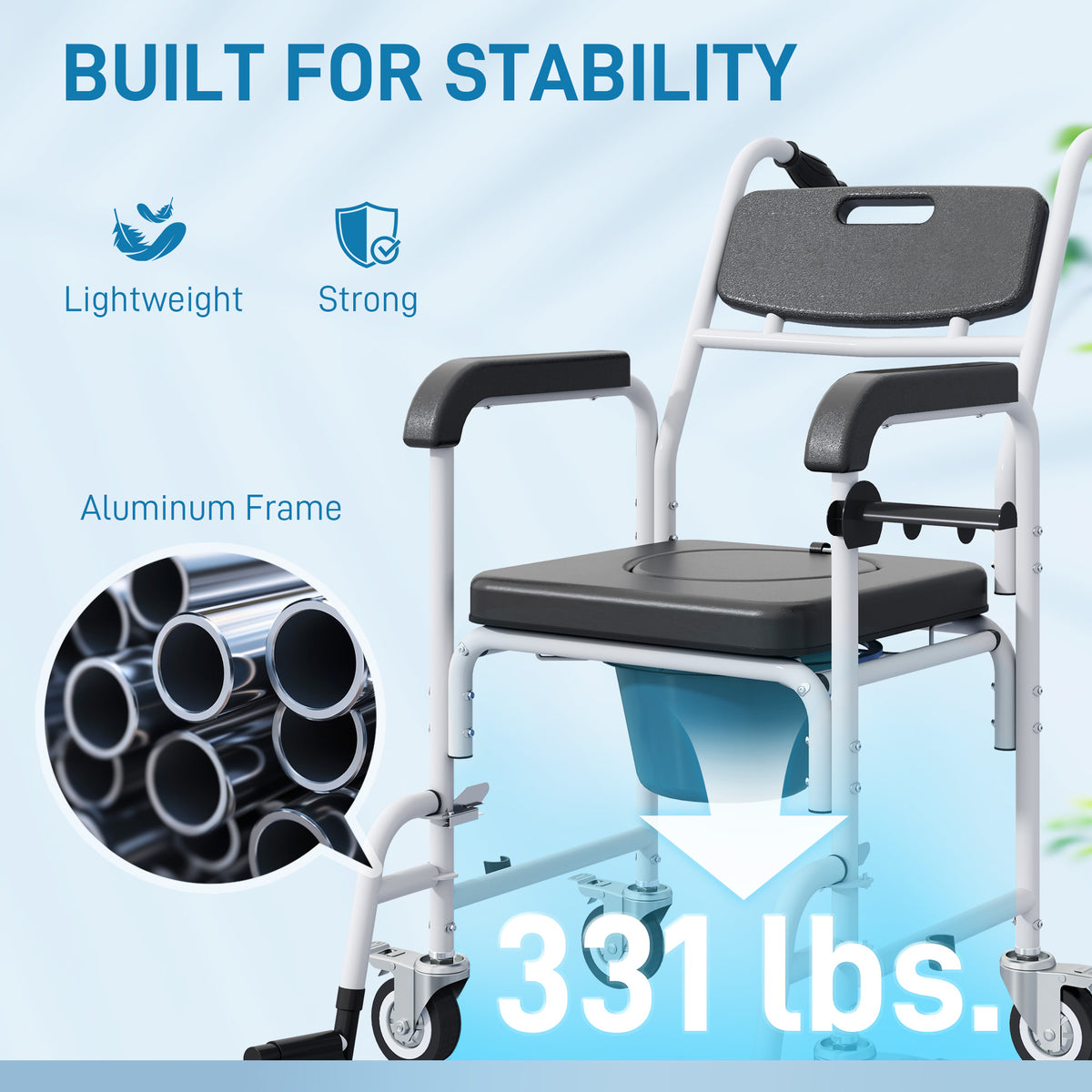 Rolling Shower Wheelchair for Seniors, Bedside Commode Chair with Locking Wheels, Seat, Backrest, Arms, Black