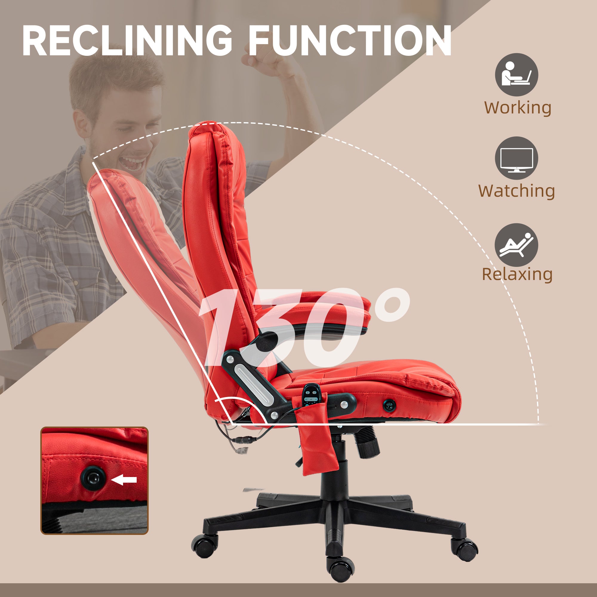 Massage Office Chair, Heated Reclining Computer Chair with 6 Vibration Points, Armrest and Remote, Red