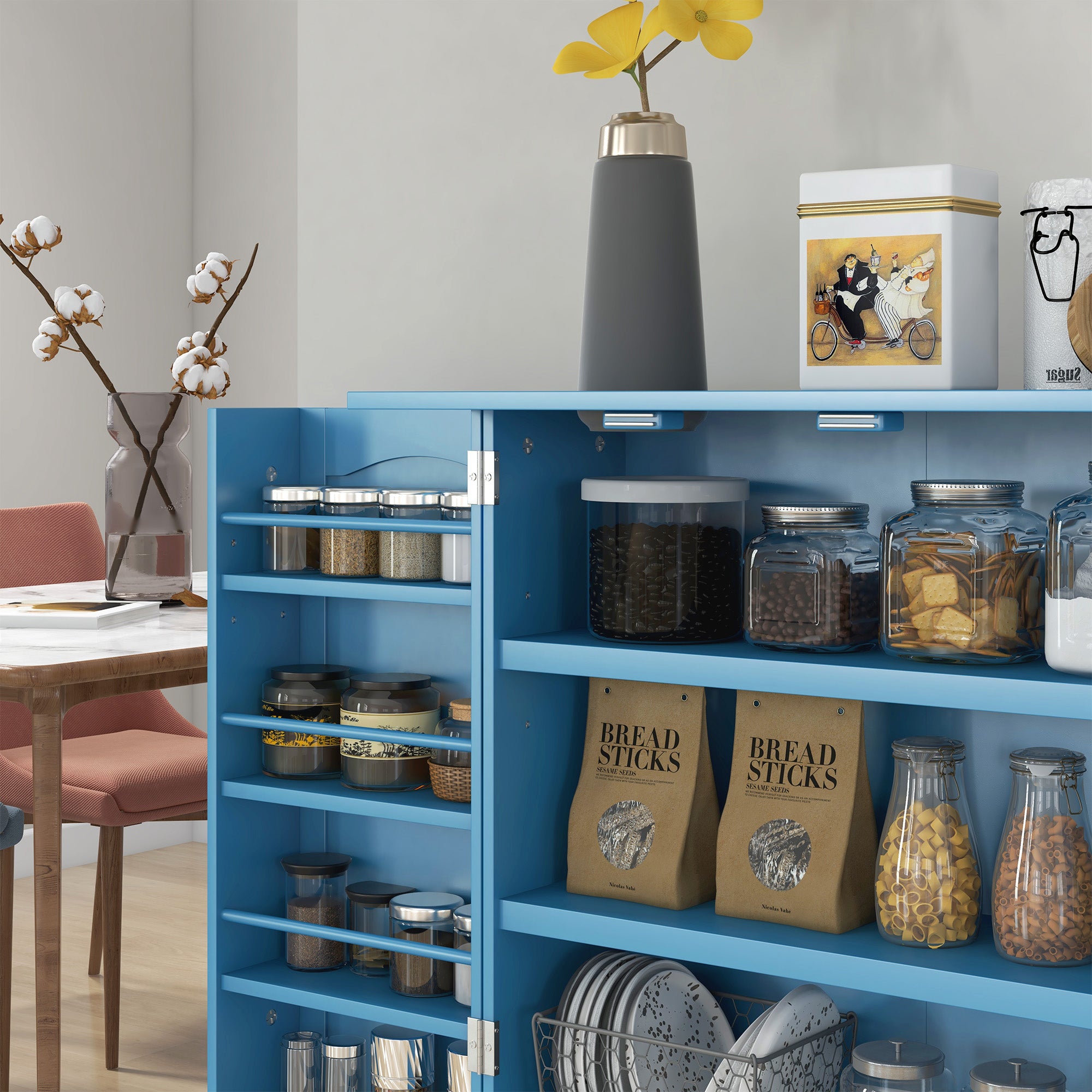 Freestanding Kitchen Pantry Cabinet, Kitchen Cabinet with 12 Door Shelves, Double Doors, 5-tier Shelving, Blue