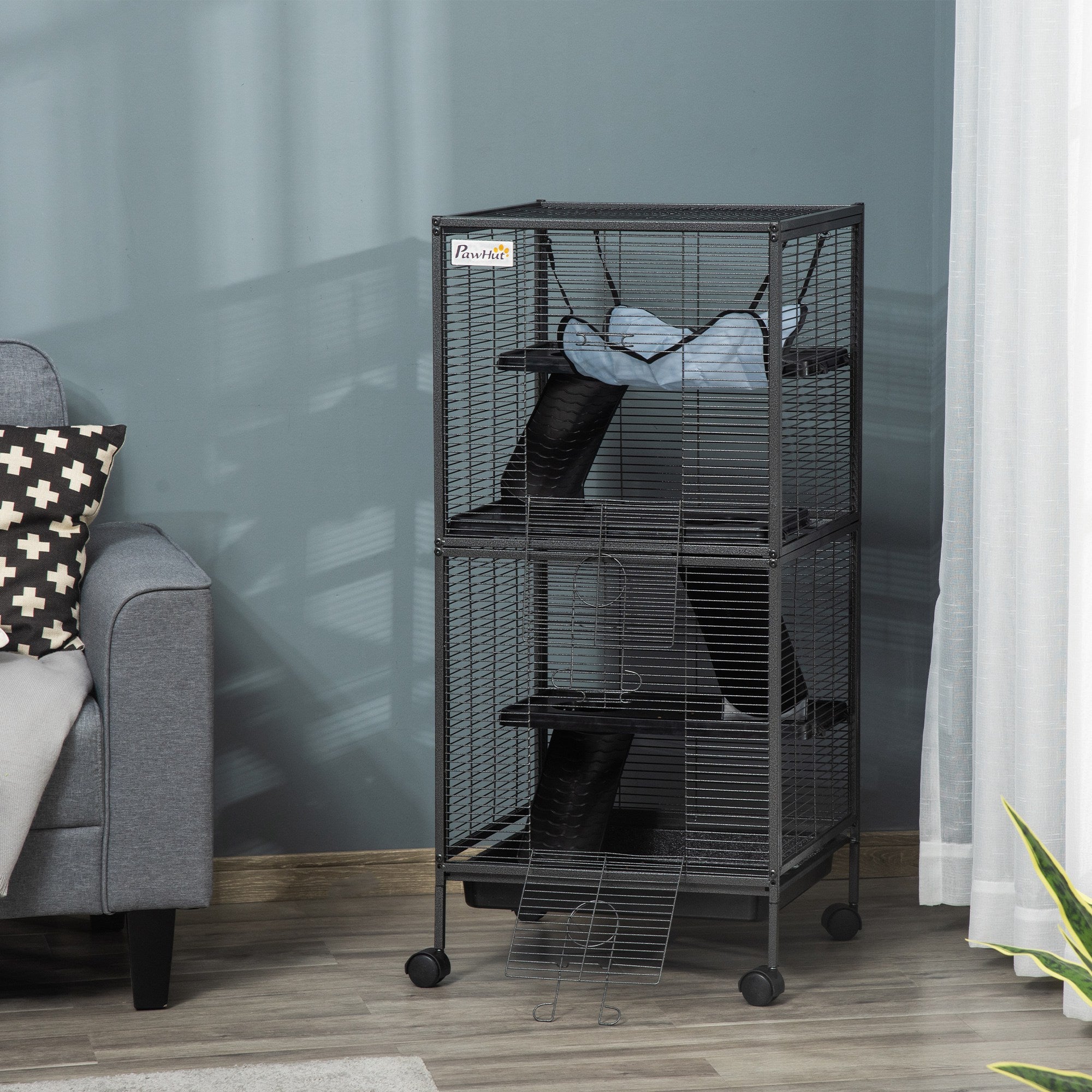 Metal Small Animal Cage Rolling Big Ferret Cage, Chinchilla Cage, Sugar Glider Cage, with Hammock & 4 Tiers, Removable Tray, Gray - Gray - Image 8