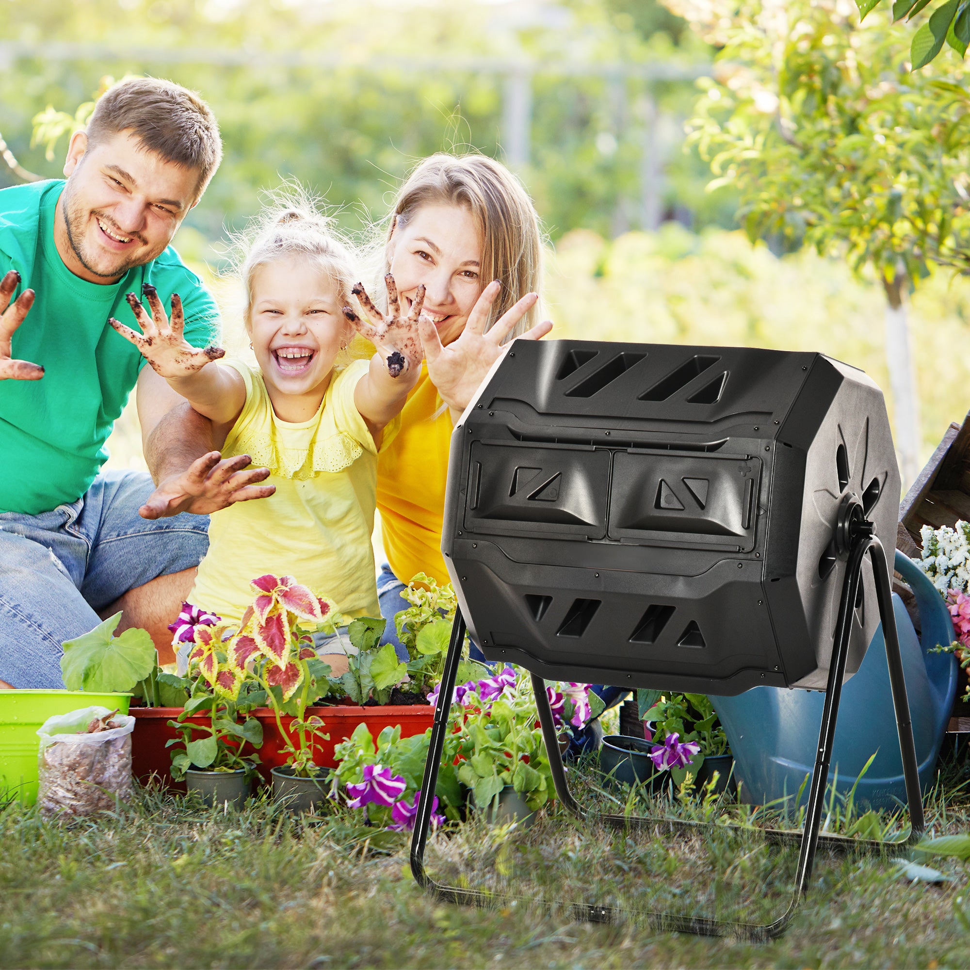 Tumbling Compost Bin Outdoor 360° Dual Chamber Rotating Composter 43 Gallon, Black - Black - Image 2