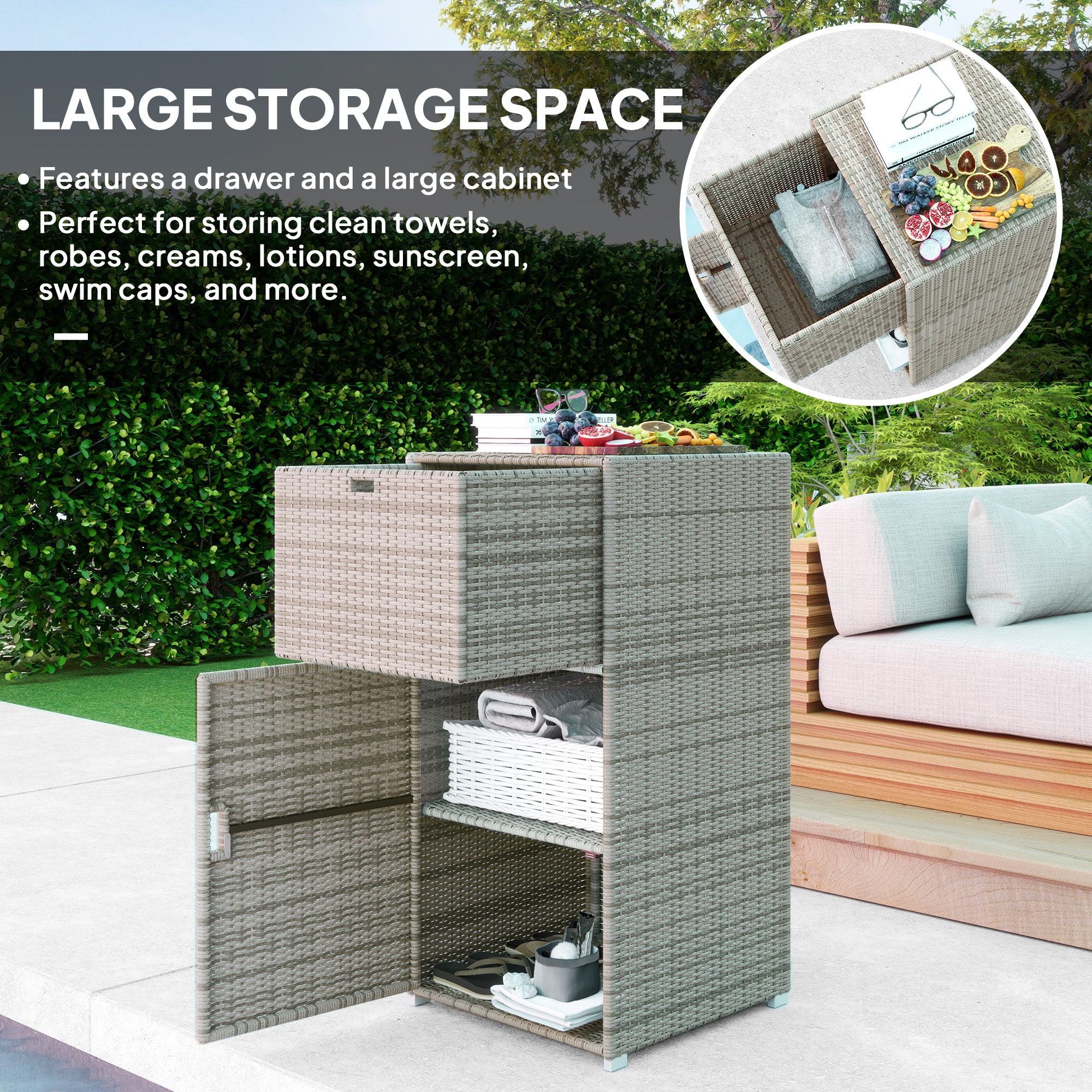 Outdoor Towel Rack for Pool w/ Drawer & Cabinet, Gray - Gray - Image 4