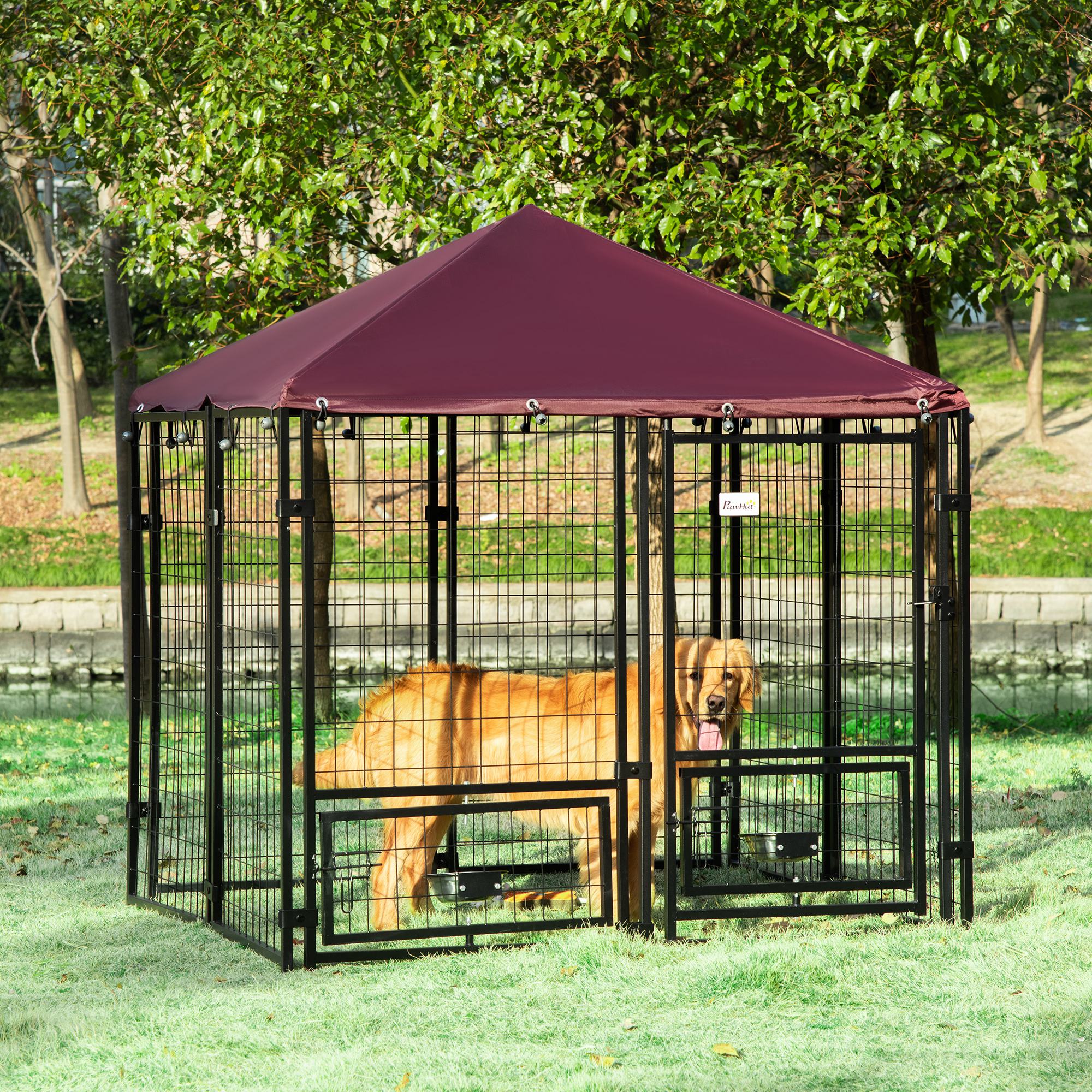 Outdoor Dog Kennel with Rotating Bowl Holders, Pet Playpen with Waterproof Cover, 4.6' x 4.6' x 5', Red - Red - Image 2
