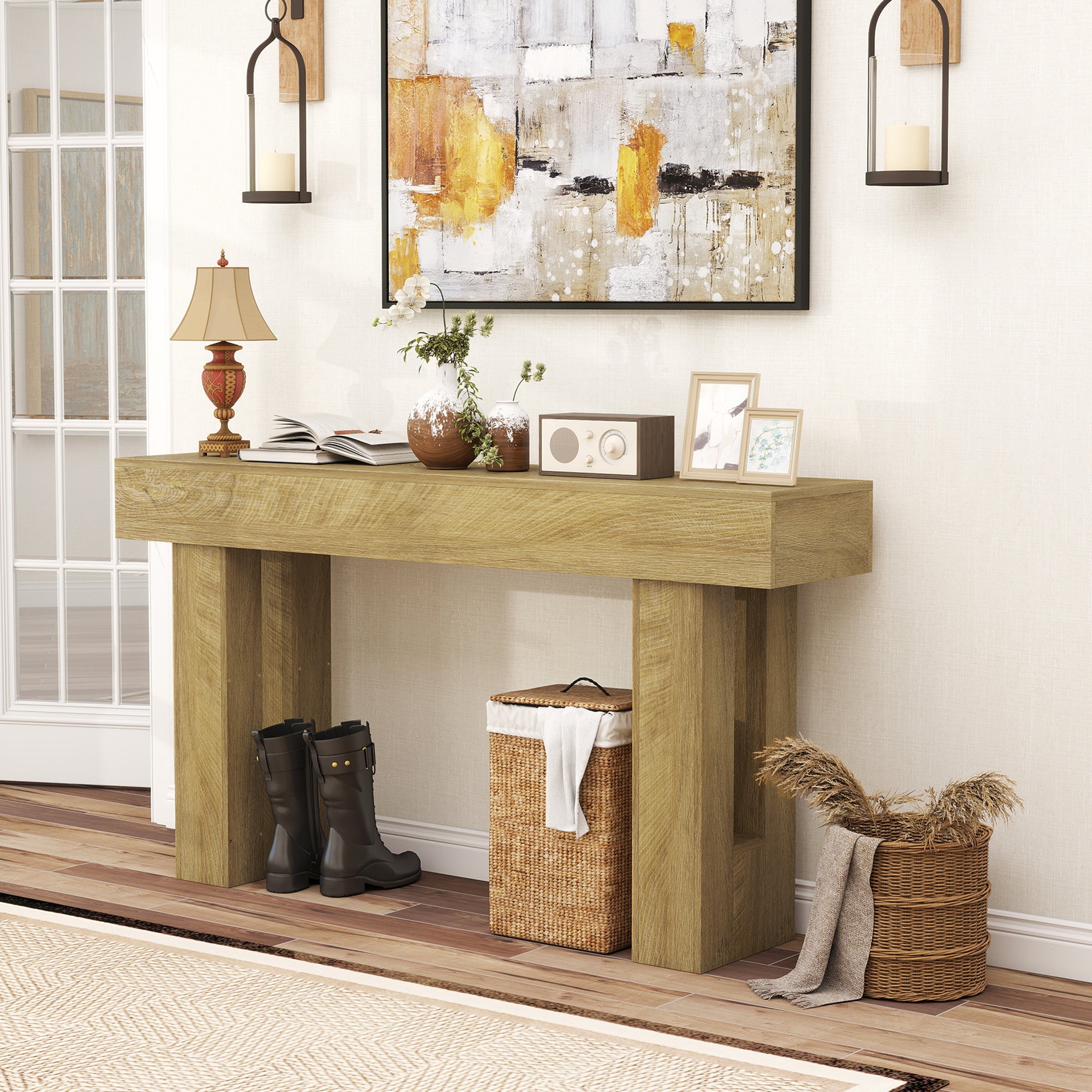 63 Inch Console Table, Sofa Table Behind the Couch with Thickened Tabletop for Living Room, Hallway, Entrance, Oak
