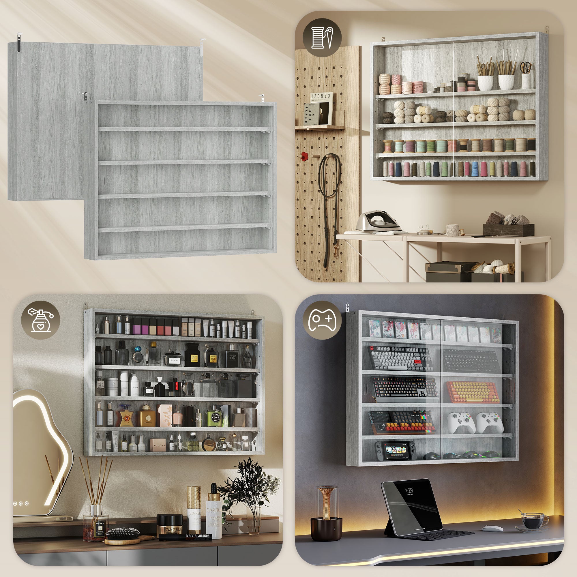 5-Tier Display Cabinet, Wall-Mounted Display Case with 2 Glass Doors and Adjustable Shelves, Gray