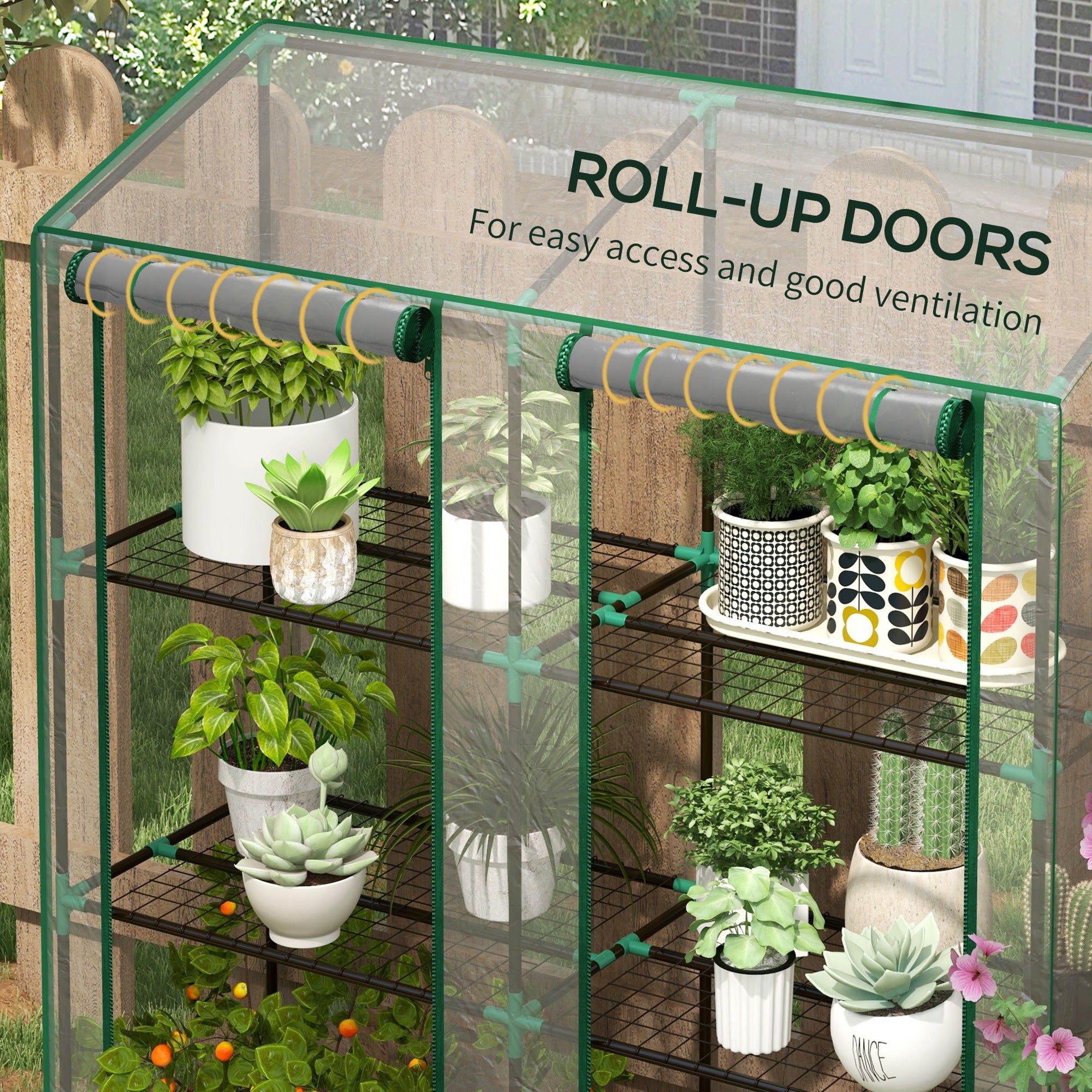 Lean-to Greenhouse, Portable Greenhouse with 3 Tier Shelves, 2 Roll-Up Zippered Doors, 56.3" x 18.1" x 59.4", Clear - Clear - Image 6