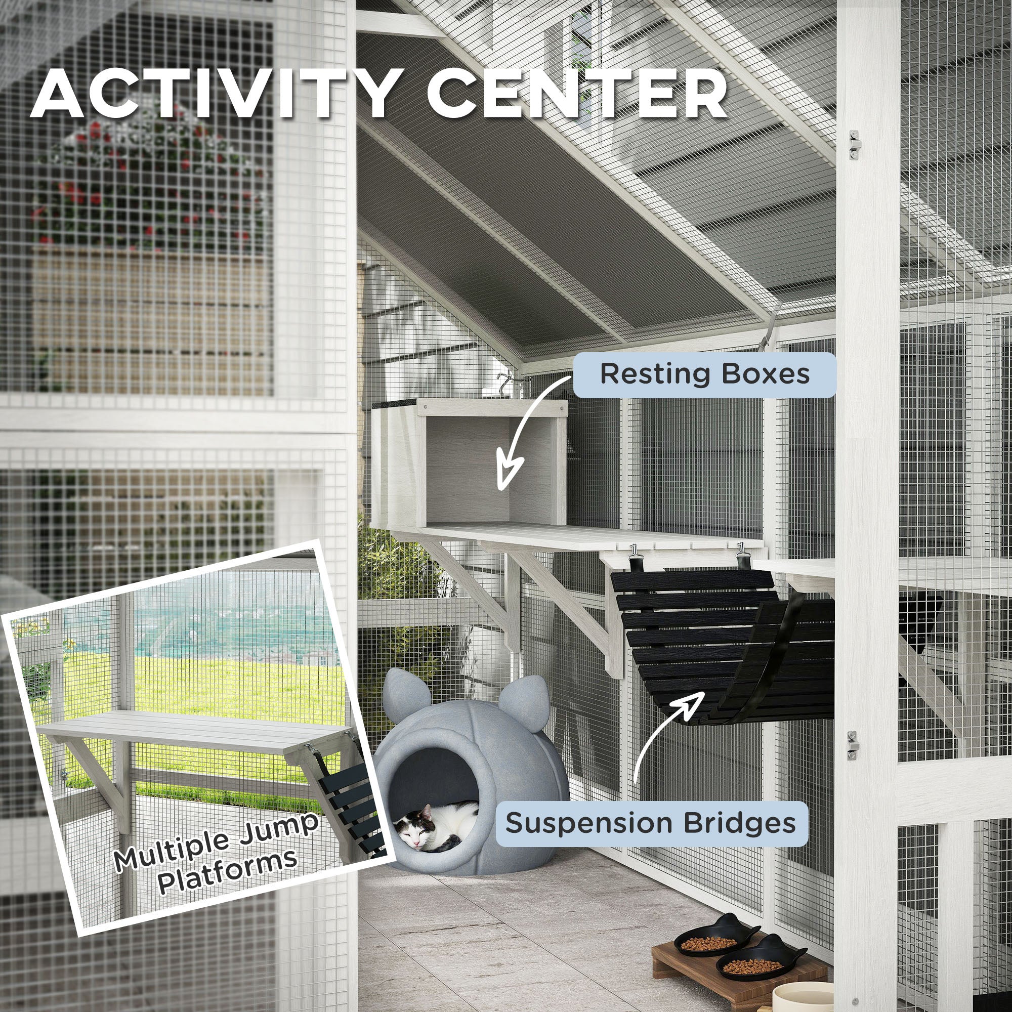 Wooden Catio Outdoor Cat Enclosure with Waterproof Cover, 2 Condos, 6 Platforms, Bridge, Doors, White - White - Image 5