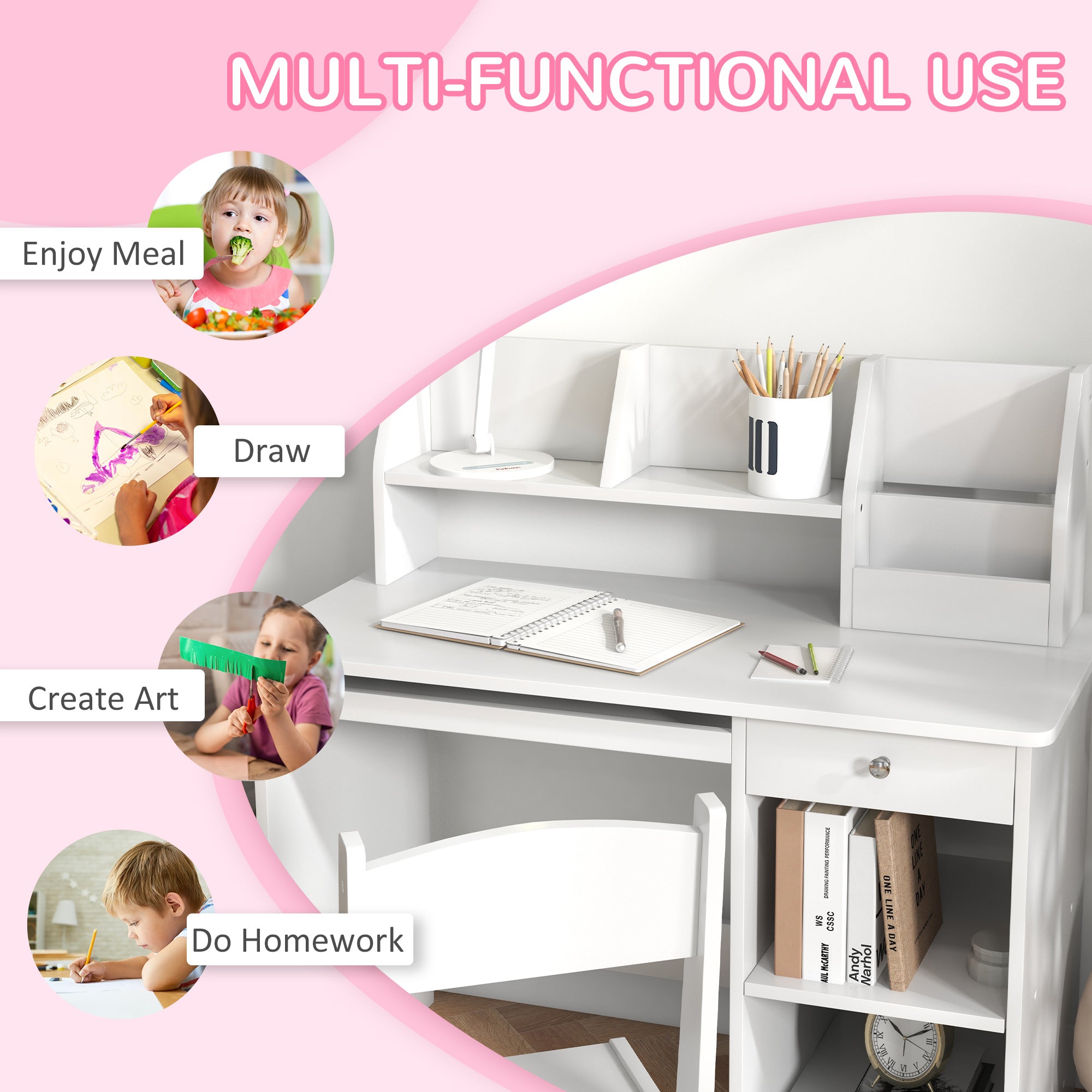 Kids Desk and Chair Set 5-8 Year Old with Storage, White
