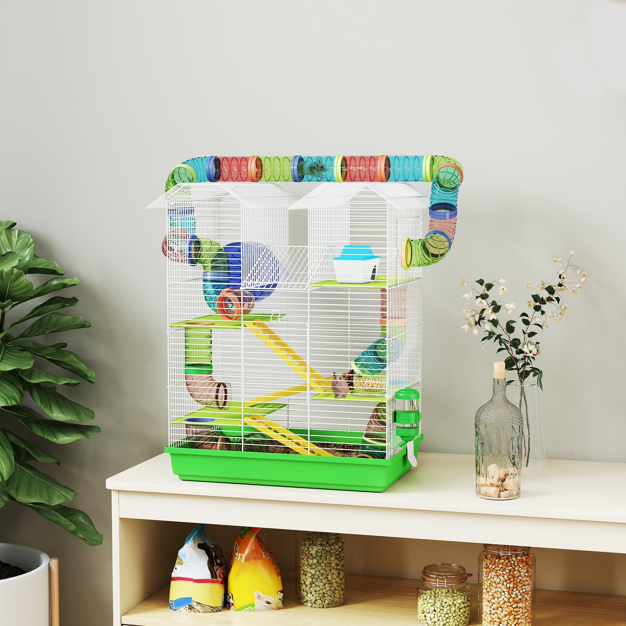 18.5" 5 Tier Hamster Cage with Tubes and Tunnels, Small Animal Cage, Rat Gerbil Cage with Water Bottle, Food Dish, Exercise Wheel, Green - Green - Image 2