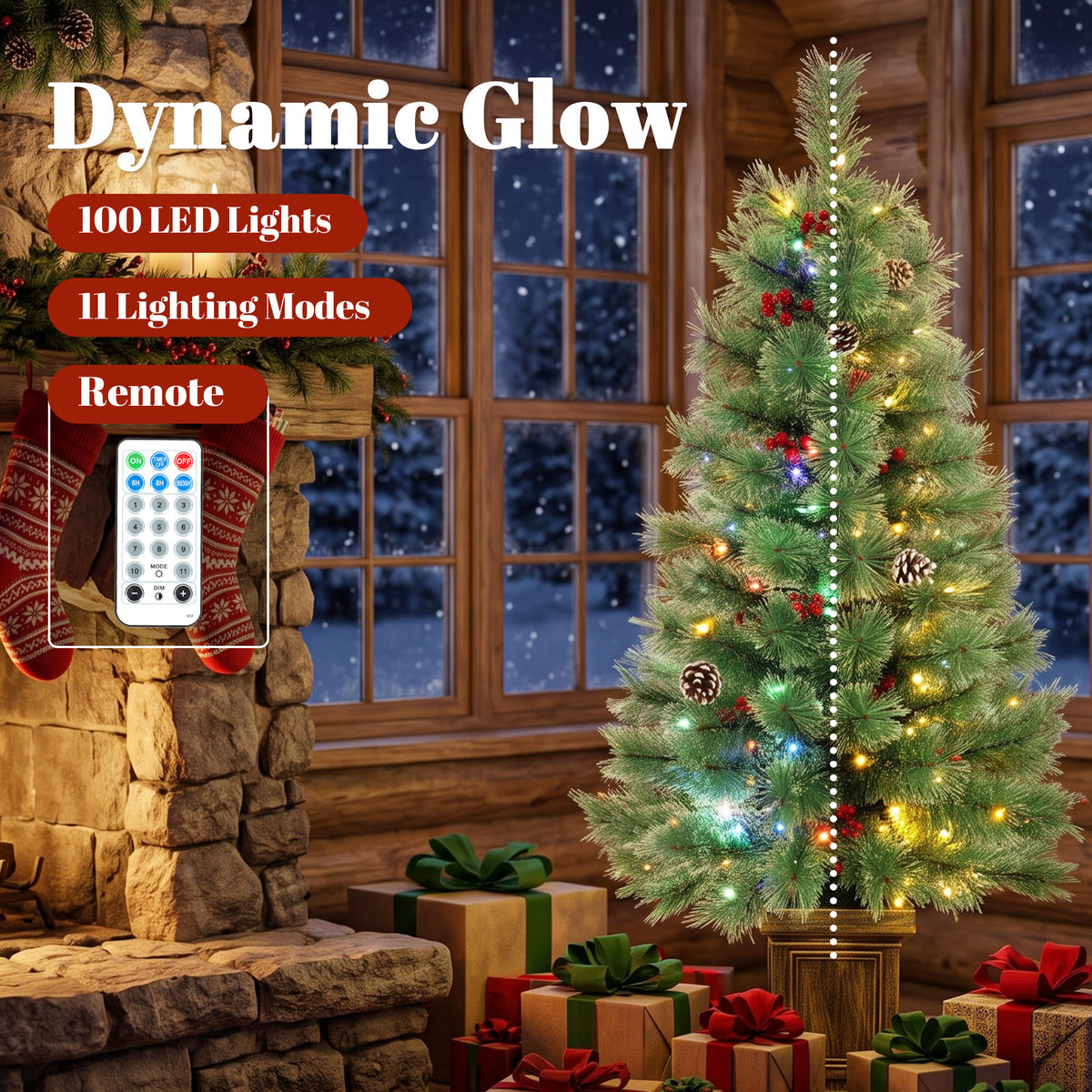 4ft Pre-Lit Artificial Christmas Tree Set of 2, Xmas Pine Trees, Dual Colors, Remote, Green