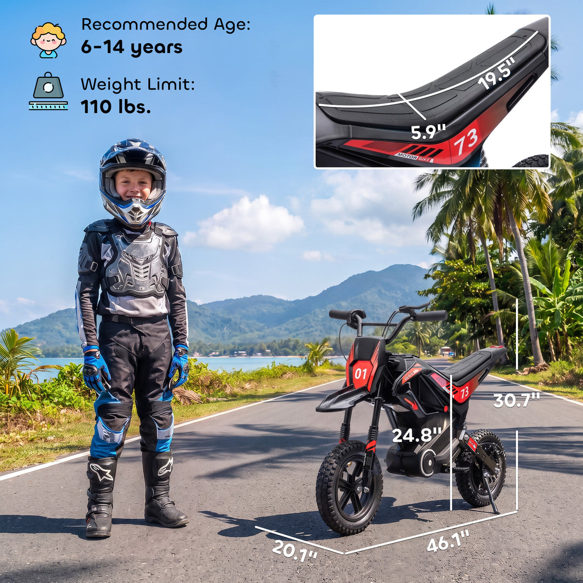 24V Kids Electric Motorcycle with 180W Brushless Motor, Suspension, Soft Start, 12" Rubber Tires for 6+ Years, Black