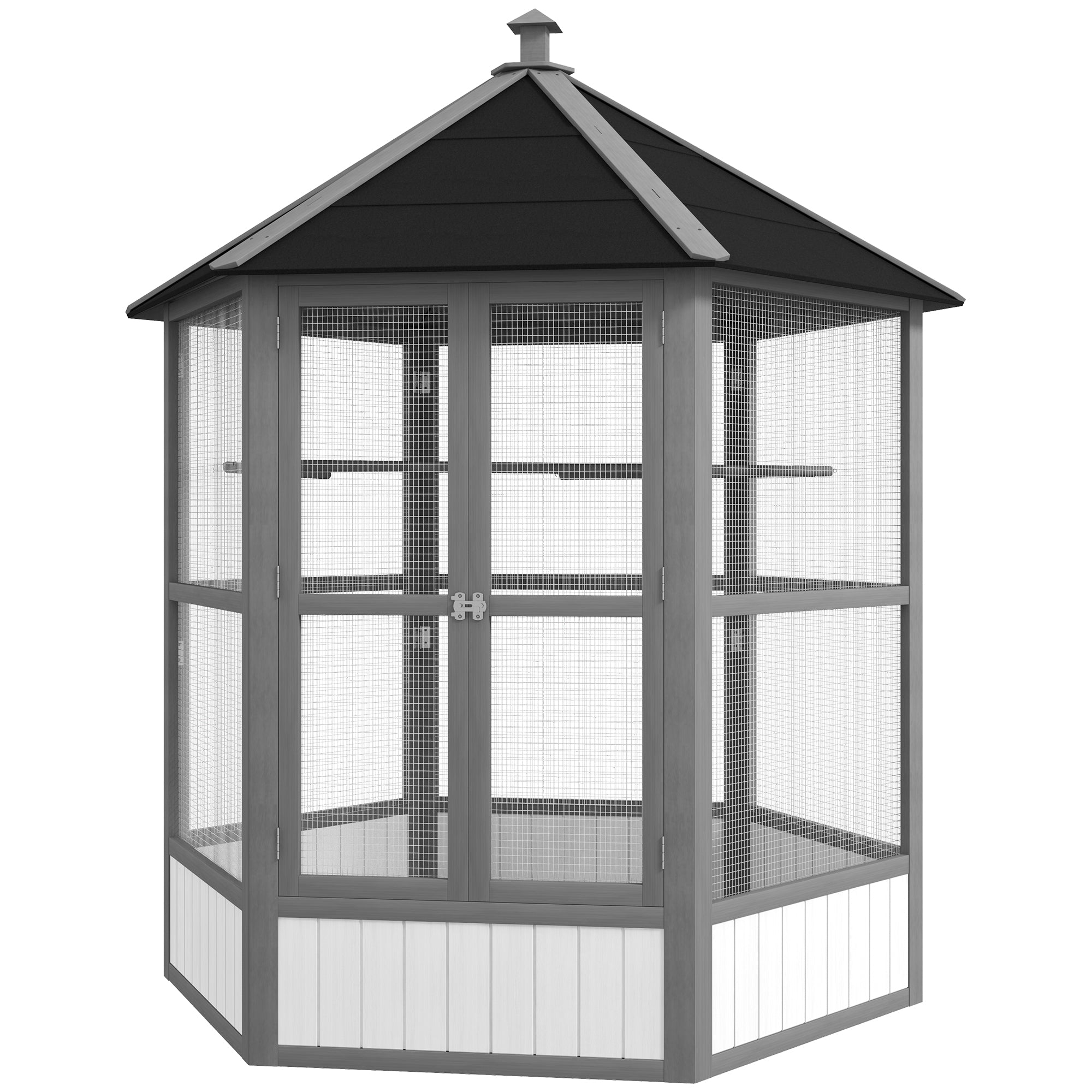 69" Wooden Hexagonal Outdoor Aviary Flight Bird Cage With Covered Roof, Light Gray - Light Gray