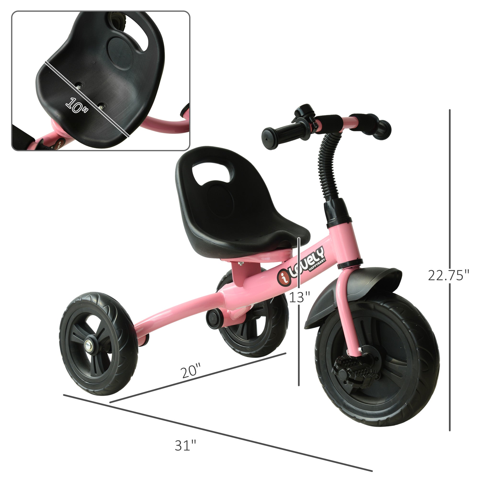 3-Wheel Recreation Ride-On Toddler Bike with Bell for Children Indoor / Outdoor, Pink