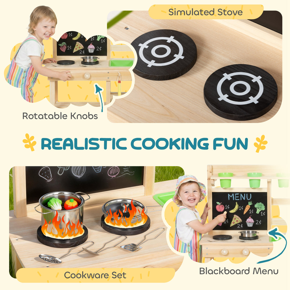 Qaba Kids Mud Kitchen, Outdoor Wooden Play Kitchen with Kitchenware & Garden Tools, Pretend Play Outdoor Toys, Natural