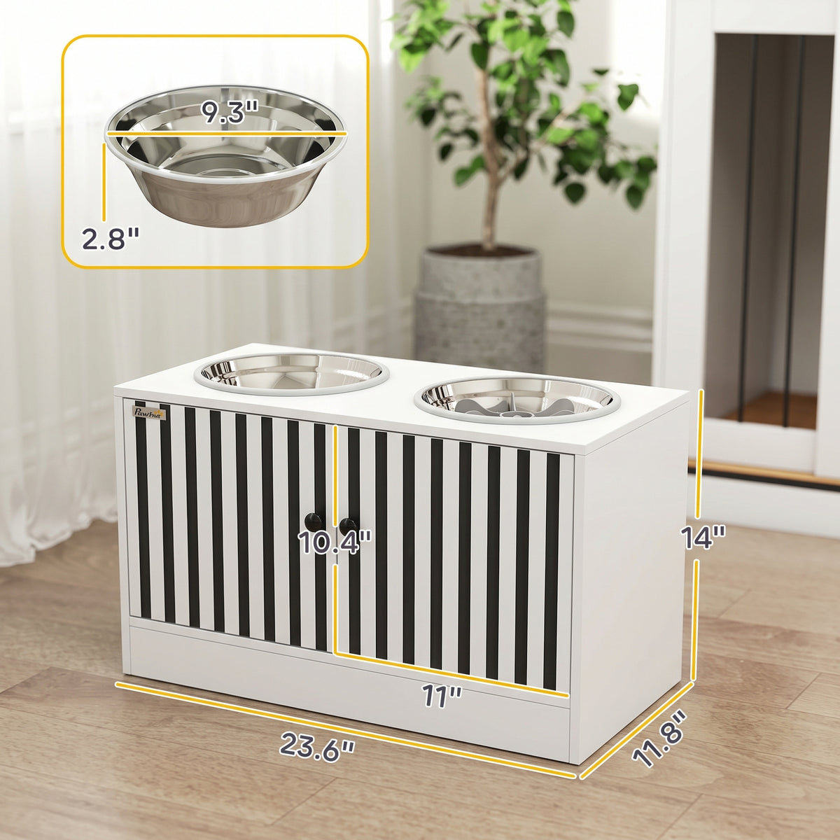 Elevated Dog Bowls with Storage Cabinet, 2 Stainless Steel Bowls, Slow Feeder, Dog Feeding Station for Large Dogs, White