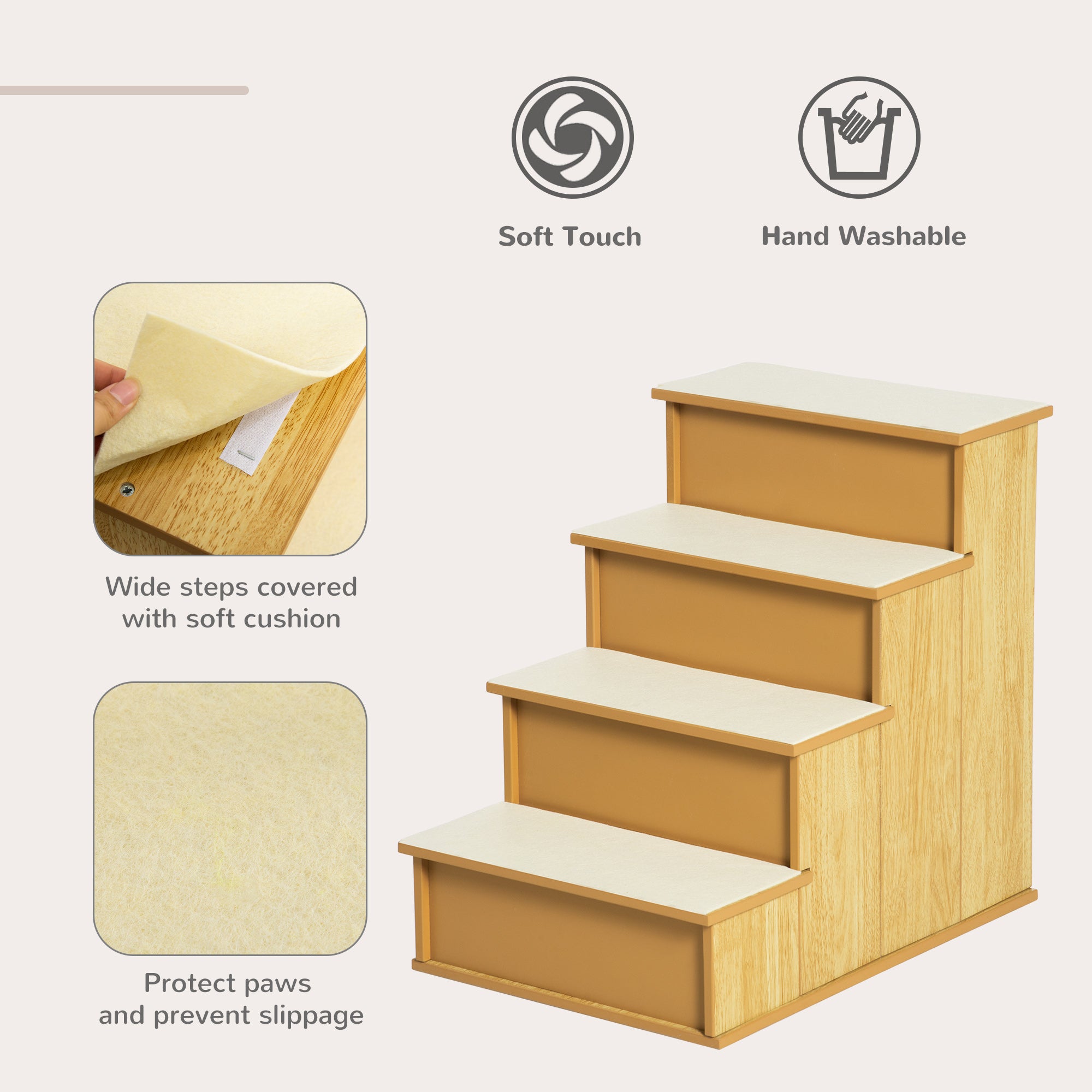 Pet Stairs, Small Pet Steps with Cushioned Removable Covering for Dogs and Cats Up To 22 lbs, Natural - Natural Wood - Image 4