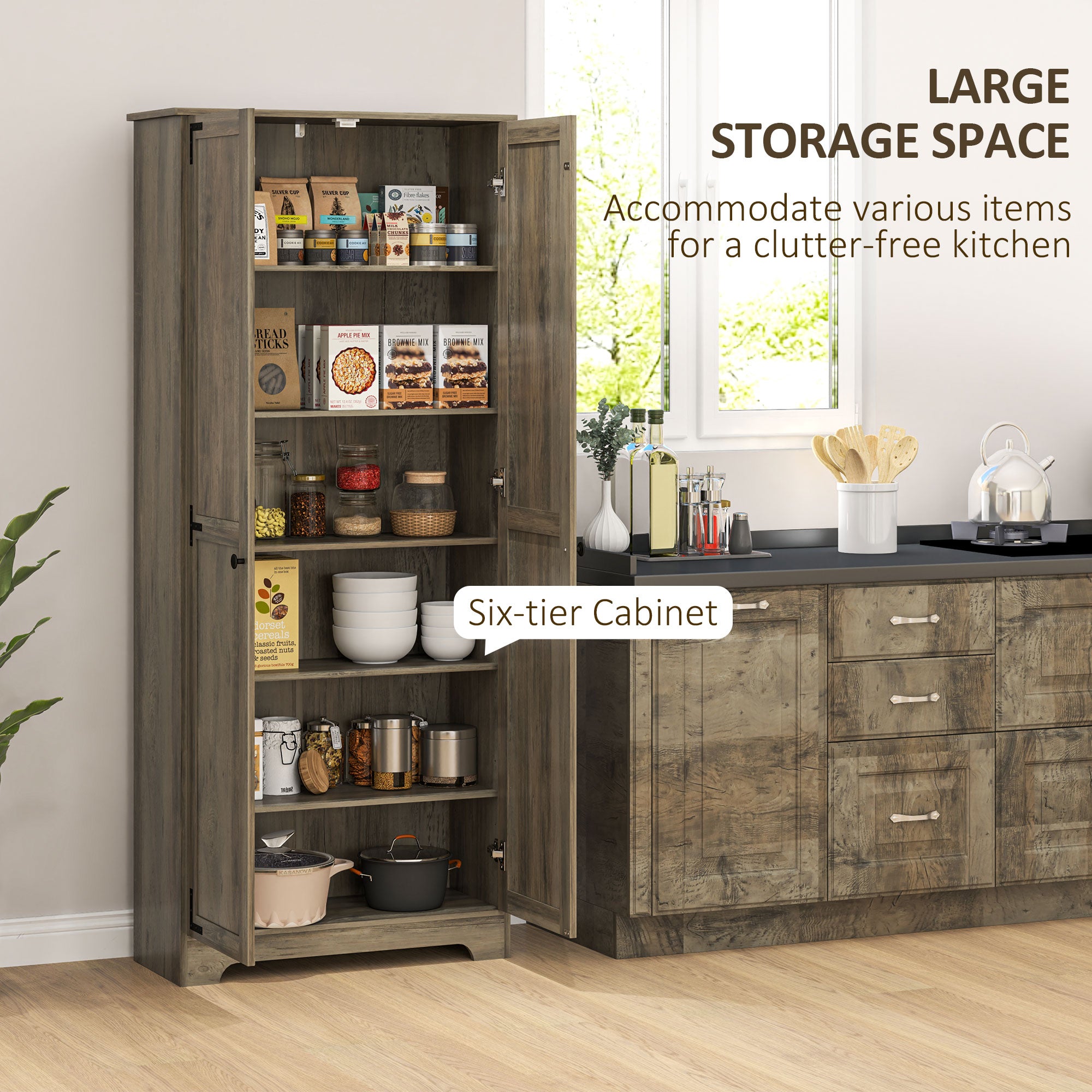 72" Farmhouse Pantry Cabinet, Freestanding Food Pantry Cabinet with Adjustable Shelves, Distressed Gray