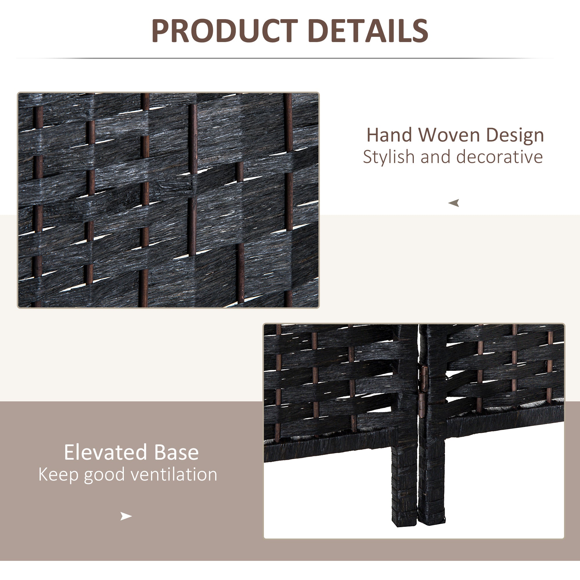 Room Divider 4 Panel, 6FT Tall Folding Privacy Screen, Freestanding Hand-Woven Partition for Room Separation with 360° Hinges, Paper Rope Diamond Weave, Black