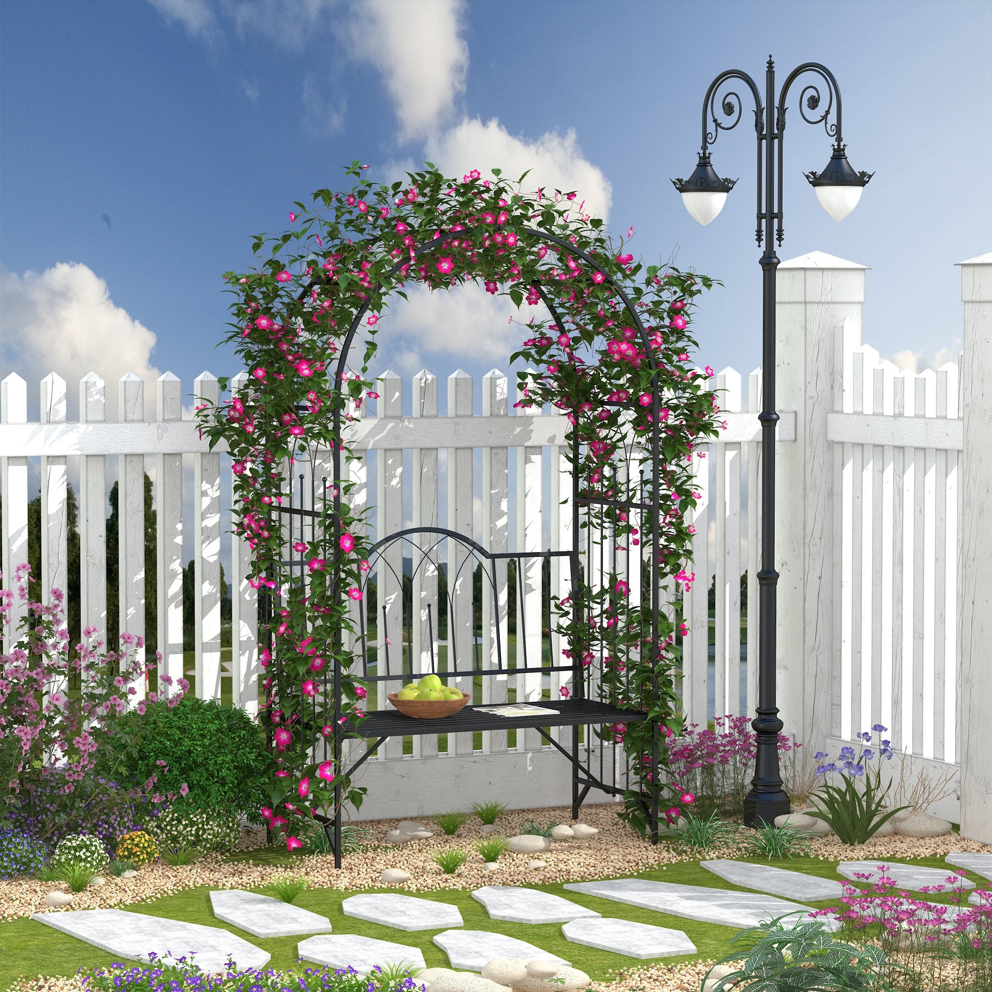 Metal Trellis Arbor Arch for Climbing Plants with Garden Bench, Grow Grapes & Vines, Patio Decor & 2-Person Outdoor Interlacing Decorative Seating with Tips, 484 lbs. Weight Capacity, Black - Black - Image 2
