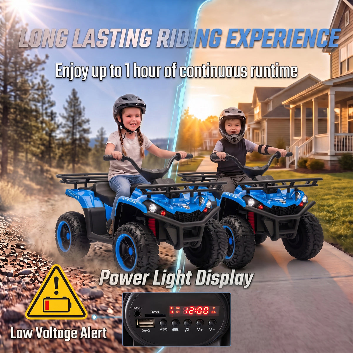 24V Ride on ATV, 4 Wheeler for Kids with Dual Motors, Soft Start, Battery Display, Music, Lights for 3-8 Years, Blue
