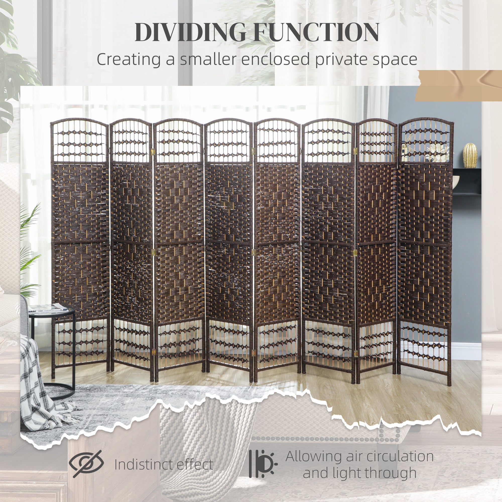 8 Panel Folding Room Divider Portable Privacy Screen Wave Fiber Room Partition for Home Office Brown
