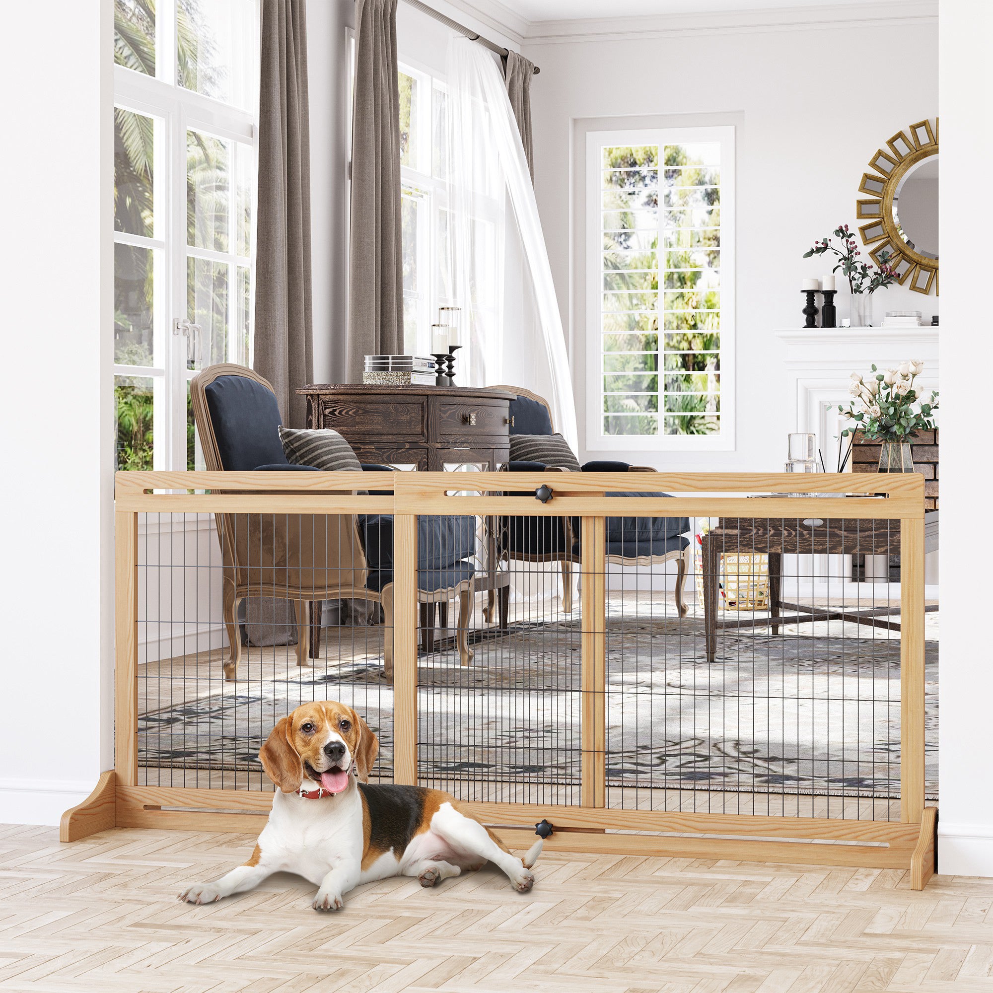 71" W x 27" H Extra Wide Freestanding Pet Gate with Adjustable Length Dog, Cat, Barrier for House, Doorway, Hallway, Natural - Natural Wood - Image 2