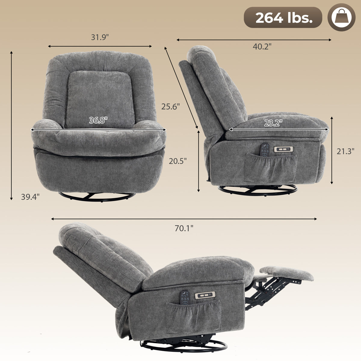 Oversized Power Recliner Chair with Massage and Heat, USB Port, Overstuffed Chenille Swivel Rocker Recliner, Gray