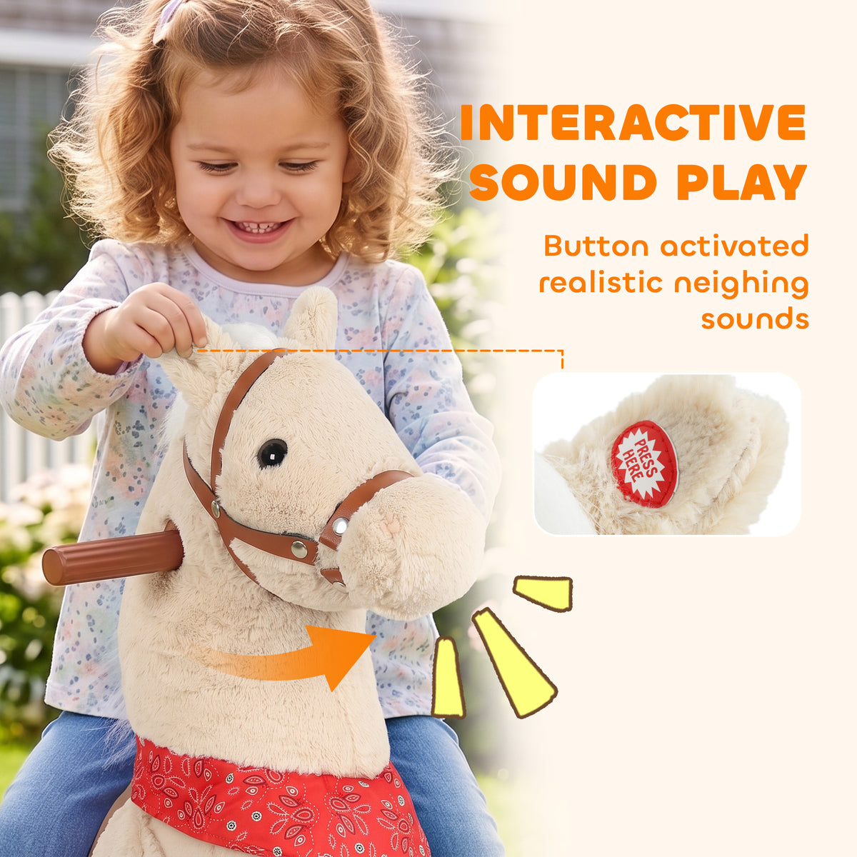 Ride on Horse for Kids 2+ Years, 29.5" Height Plush Ride On Pony with Rotatable Head and Neighing Sounds, Light Brown