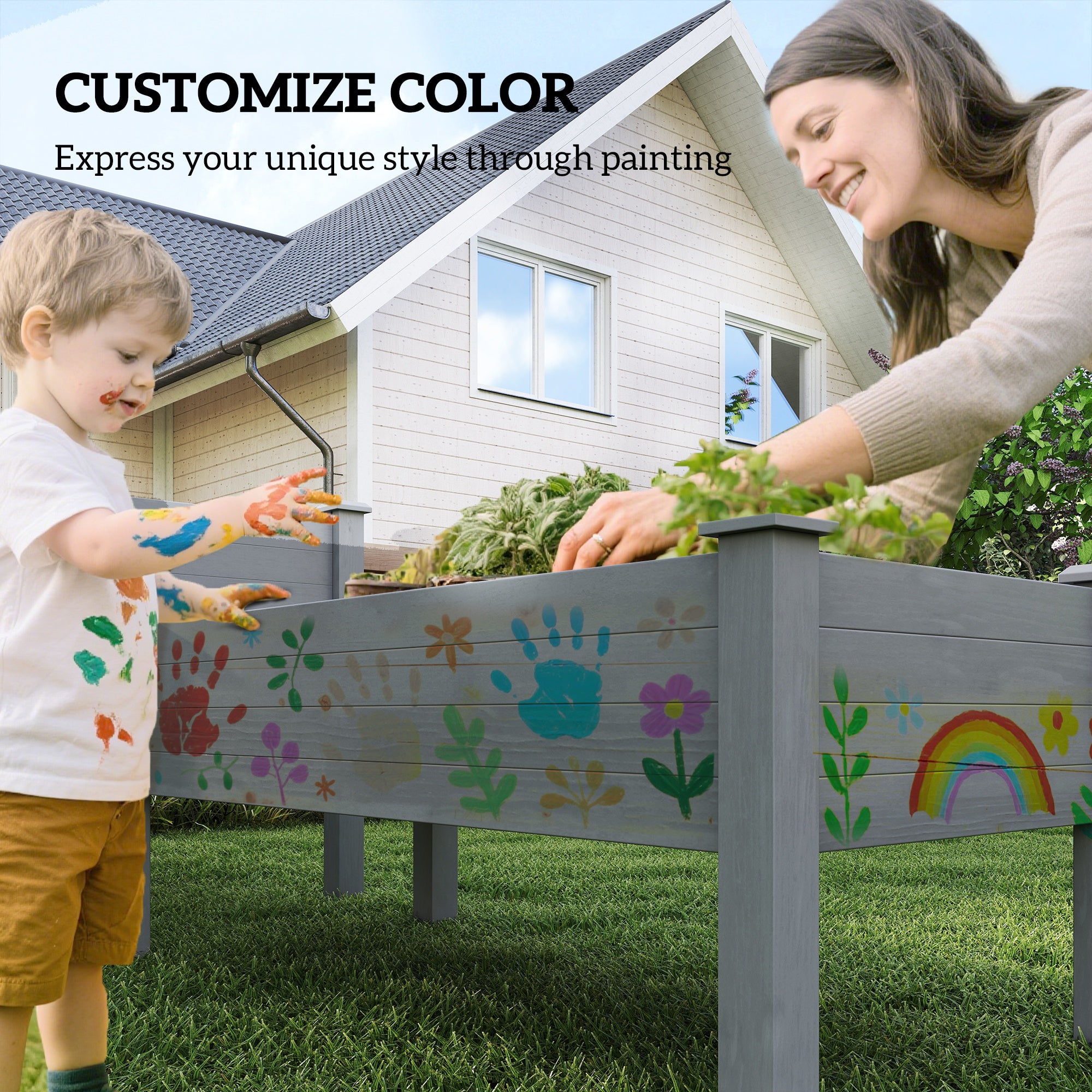 2 Tier Raised Garden Bed, Wooden Elevated Planter Box with Legs, Outdoor Plant Bed for Flowers Vegetables Herbs Gray - Gray - Image 7