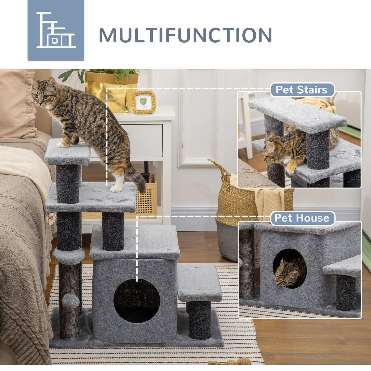 Adjustable Height 3 Step/4 Step Cat Stairs w/ Sisal Cat Scratching Post, Cat Condo, Toy Ball, for Bed, Sofa, Couch, Gray