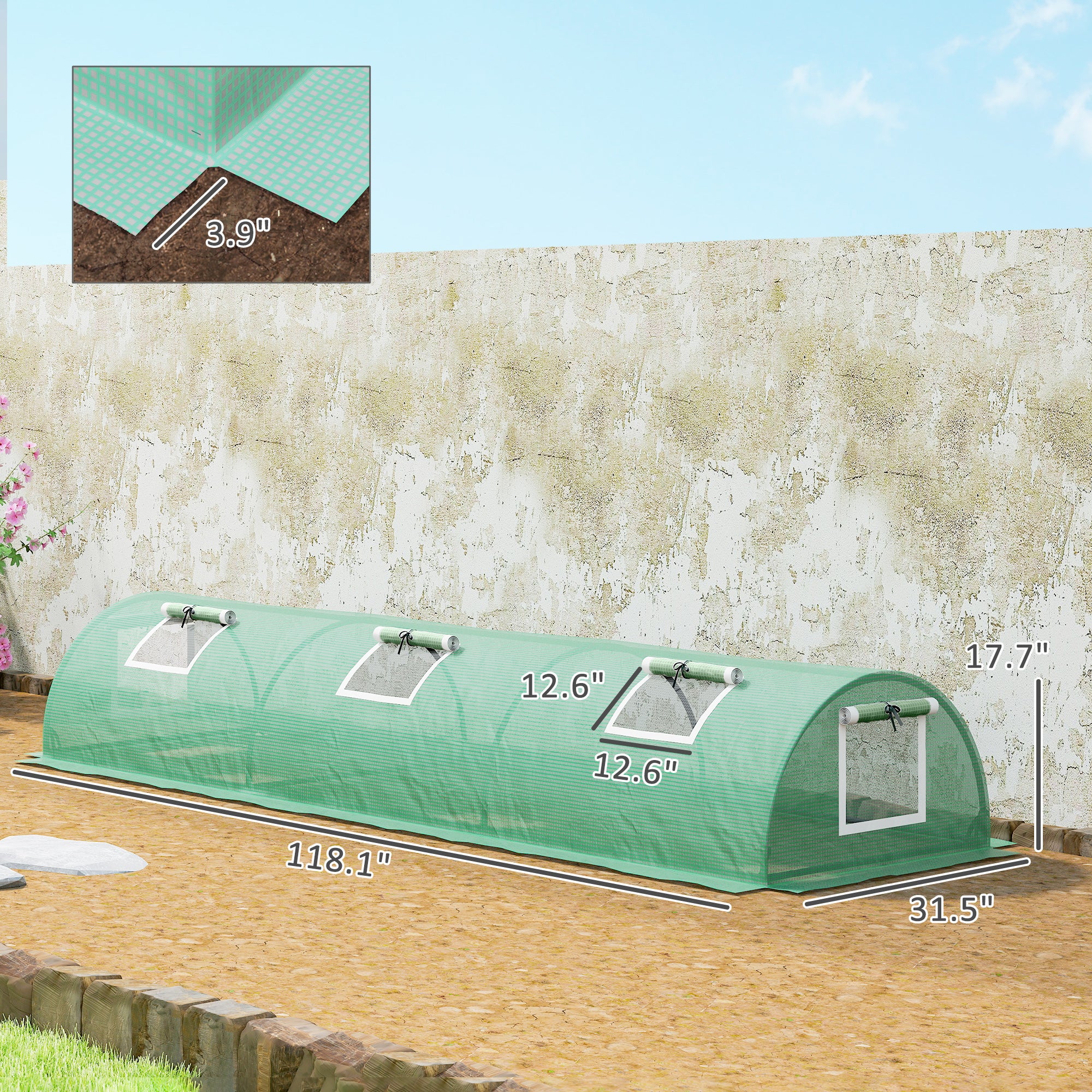 Mini Greenhouse with 5 Mesh Windows, Portable Plant Hot House with PE Cover and Steel Frame, 10' x 3' x 2' , Green - Green - Image 3