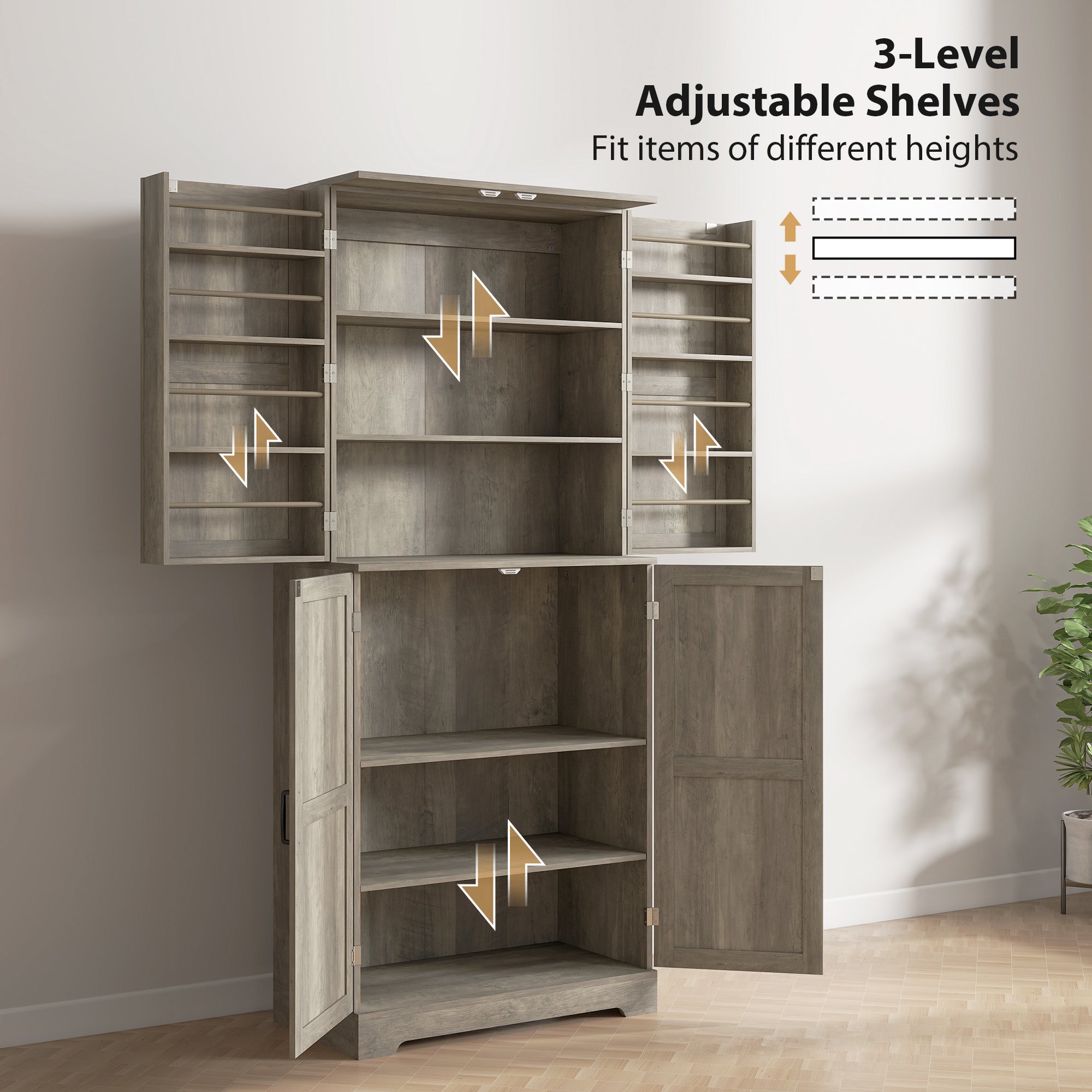 Farmhouse Kitchen Pantry, 72" Tall Pantry Cabinet with 4 Barn Doors, 4 Adjustable Shelves and 8 Door Shelves, Gray Wash
