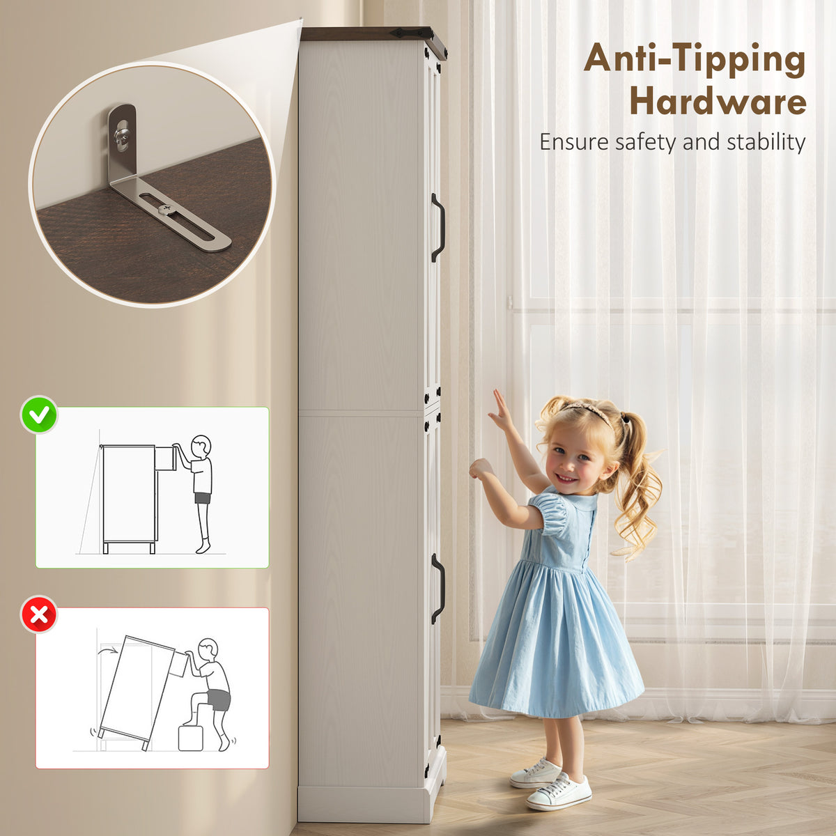 72" Tall Pantry Cabinet, Farmhouse Freestanding Kitchen Storage Cabinet with Adjustable Shelves for Dining Room, White