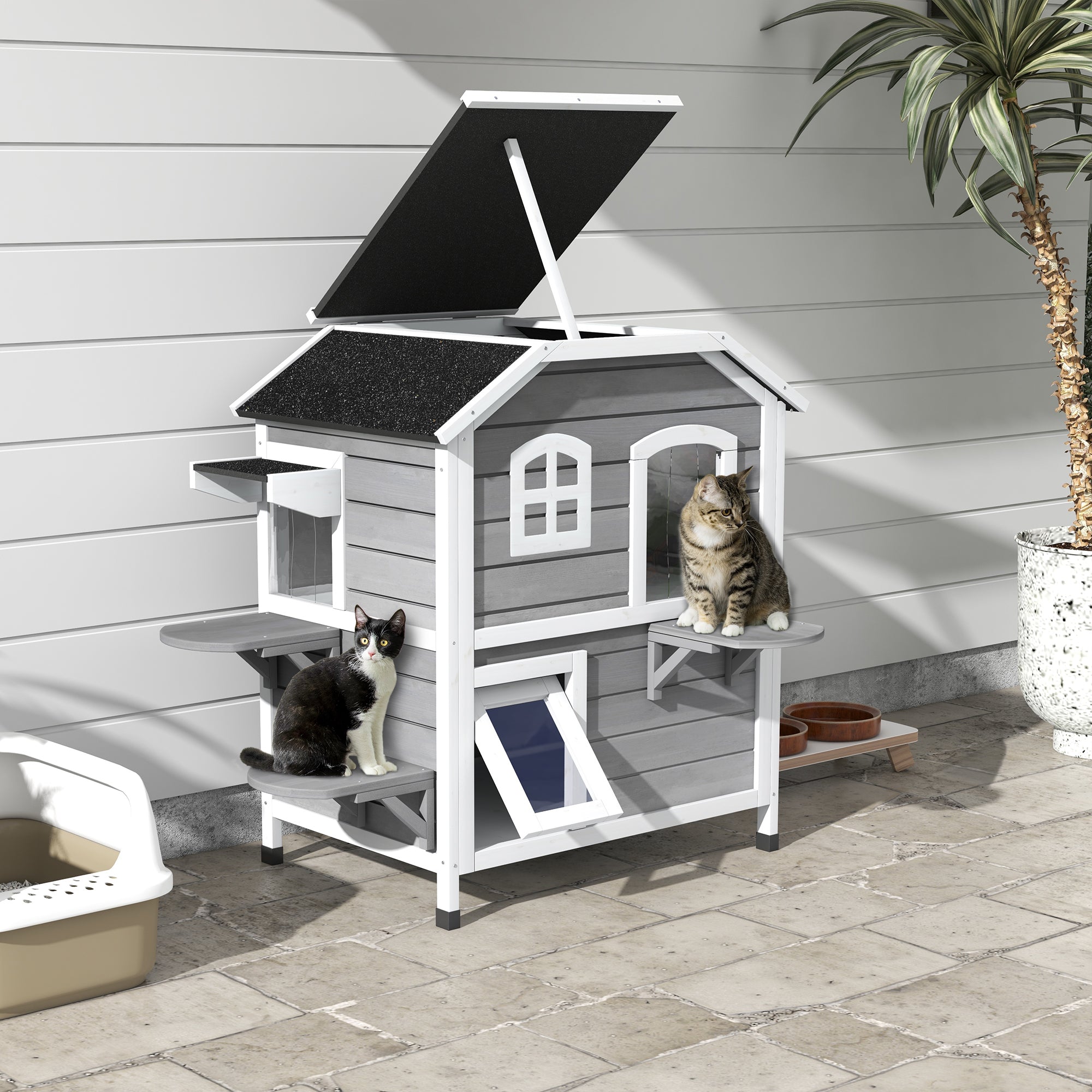2-story Cat House Outdoor, Weatherproof Wooden Cat Enclosure for Feral Cats with Escape Door, Openable Roof, Jumping Platforms, Gray - Gray - Image 2