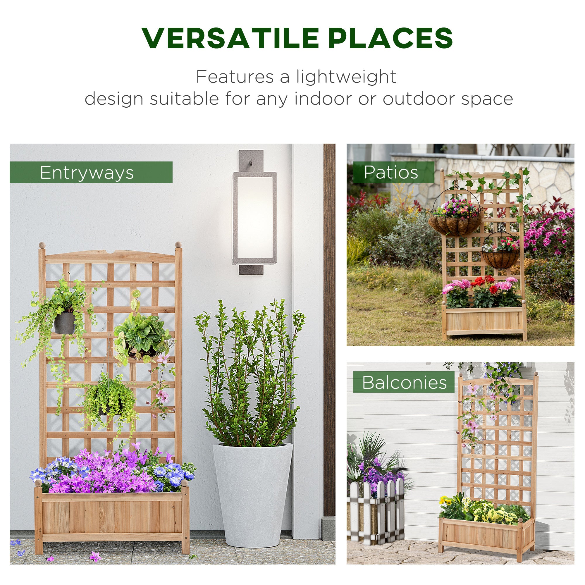 Wooden Raised Garden Bed with Trellis, Outdoor Planter Box with Drainage Crevices for Climbing Vine Plants Flowers, 24" x 12" x 49" - Natural - Image 4
