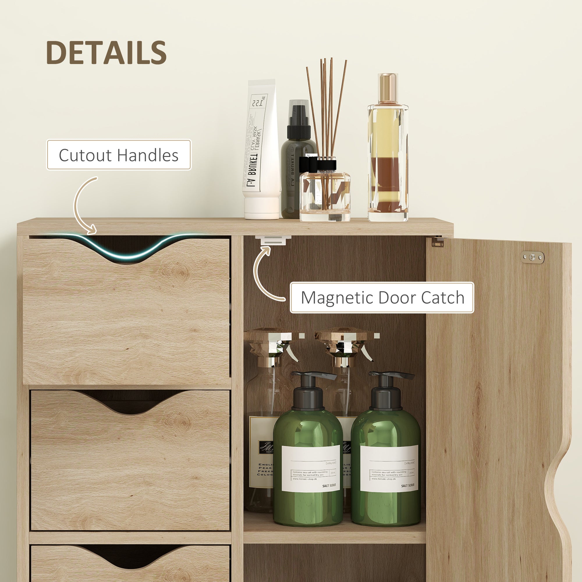 Freestanding Storage Cabinet, Bathroom Floor Cabinet with 4 Drawers and Door, Oak