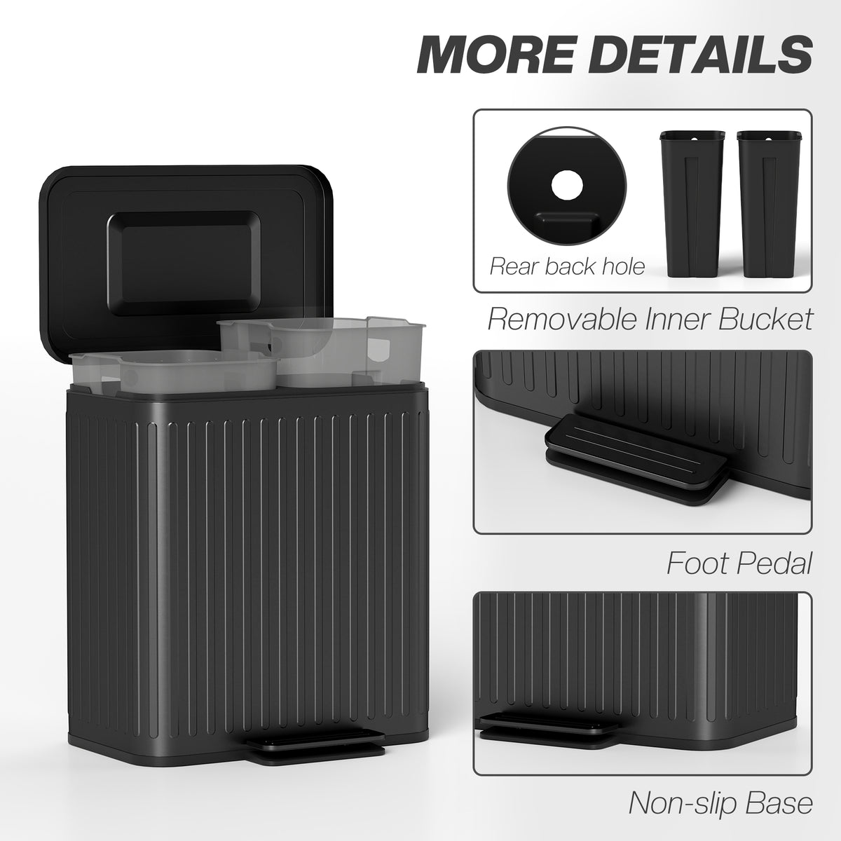 Trash Can with Lid, 2 x 5.3Gal Double Step-On Kitchen Trash Can, Removable Buckets, Black