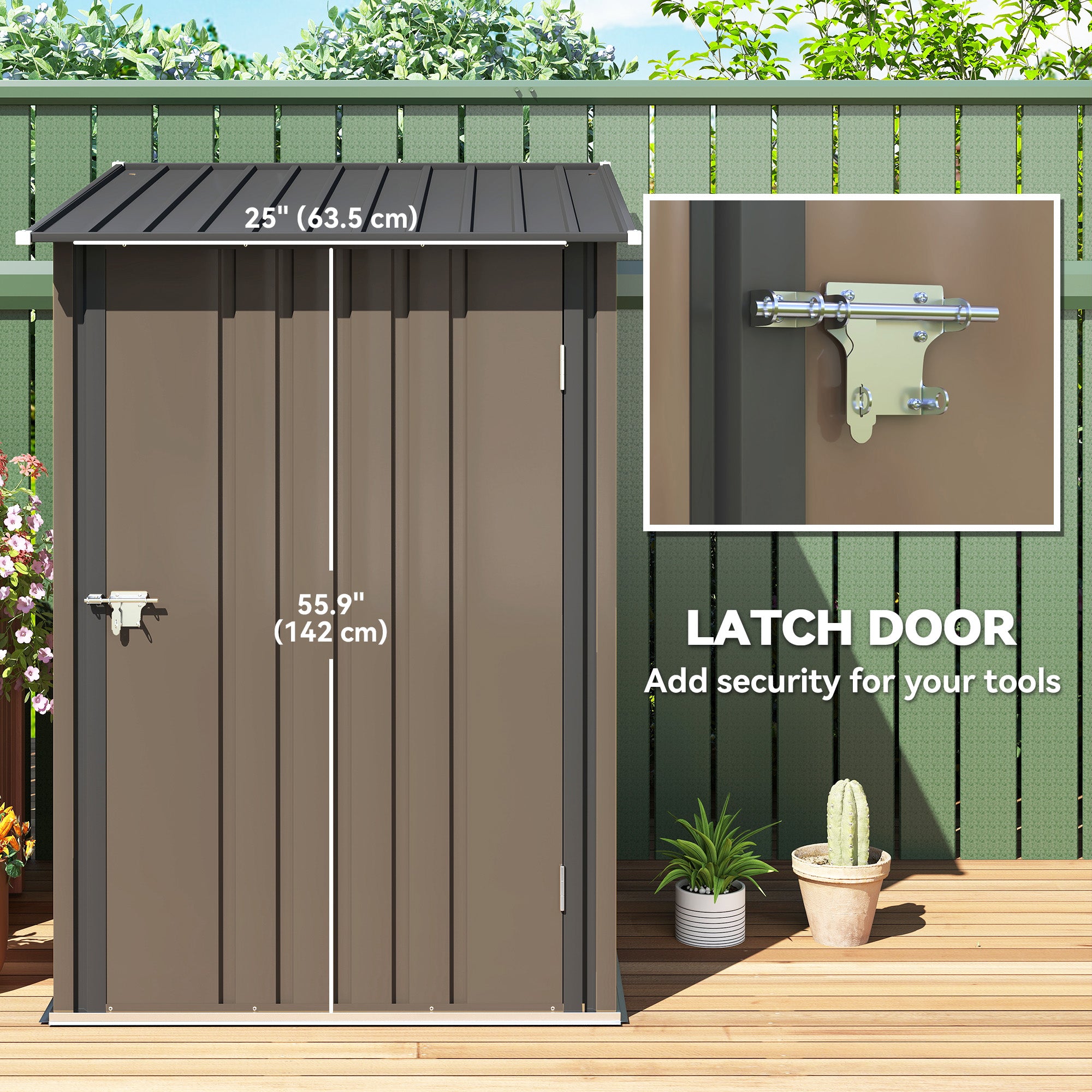 Outdoor 3.3' x 3.4' Lean-to Garden Storage Shed, Galvanized Steel Tool House with Lockable Door for Patio, Brown - Brown - Image 5