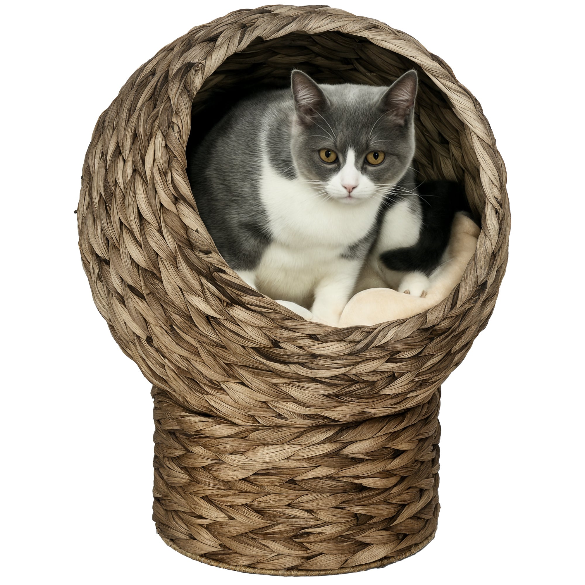Handwoven Elevated Cat Bed with Soft Cushion & Egg Chair Shape, Basket Bed Kitty House with Stand, Raised Wicker House for Indoor Cats, 20" H, Gray - Dark Gray